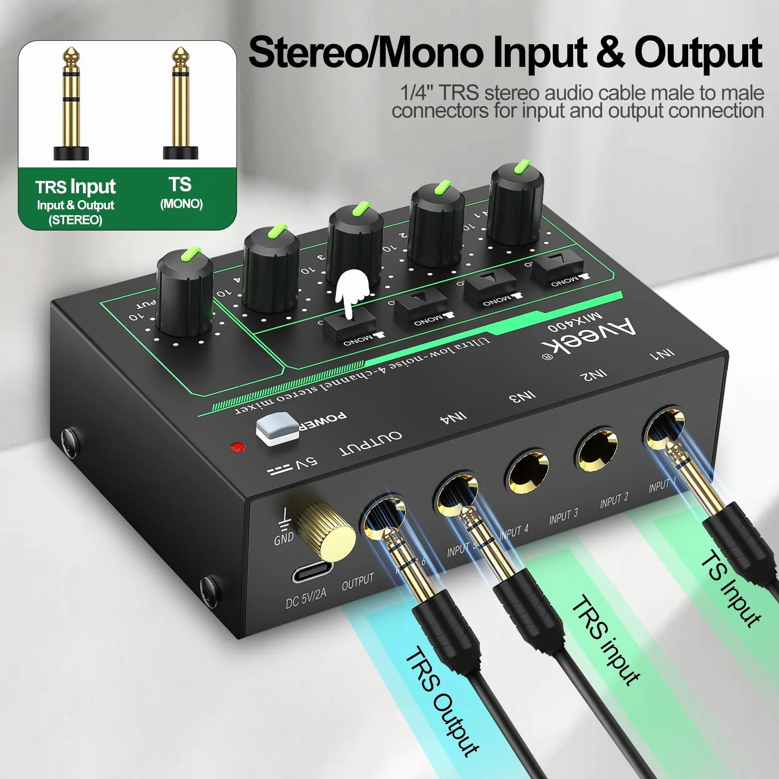 Aveek Mikser 4-kanałowy – mini 4-kanałowy mikser audio stereo, niski poziom hałasu dla precyzyjnego podmieszania, wejście/wyjście TRS 1/10.2 cm idealny do mikrofonów/gitar/basów/scen