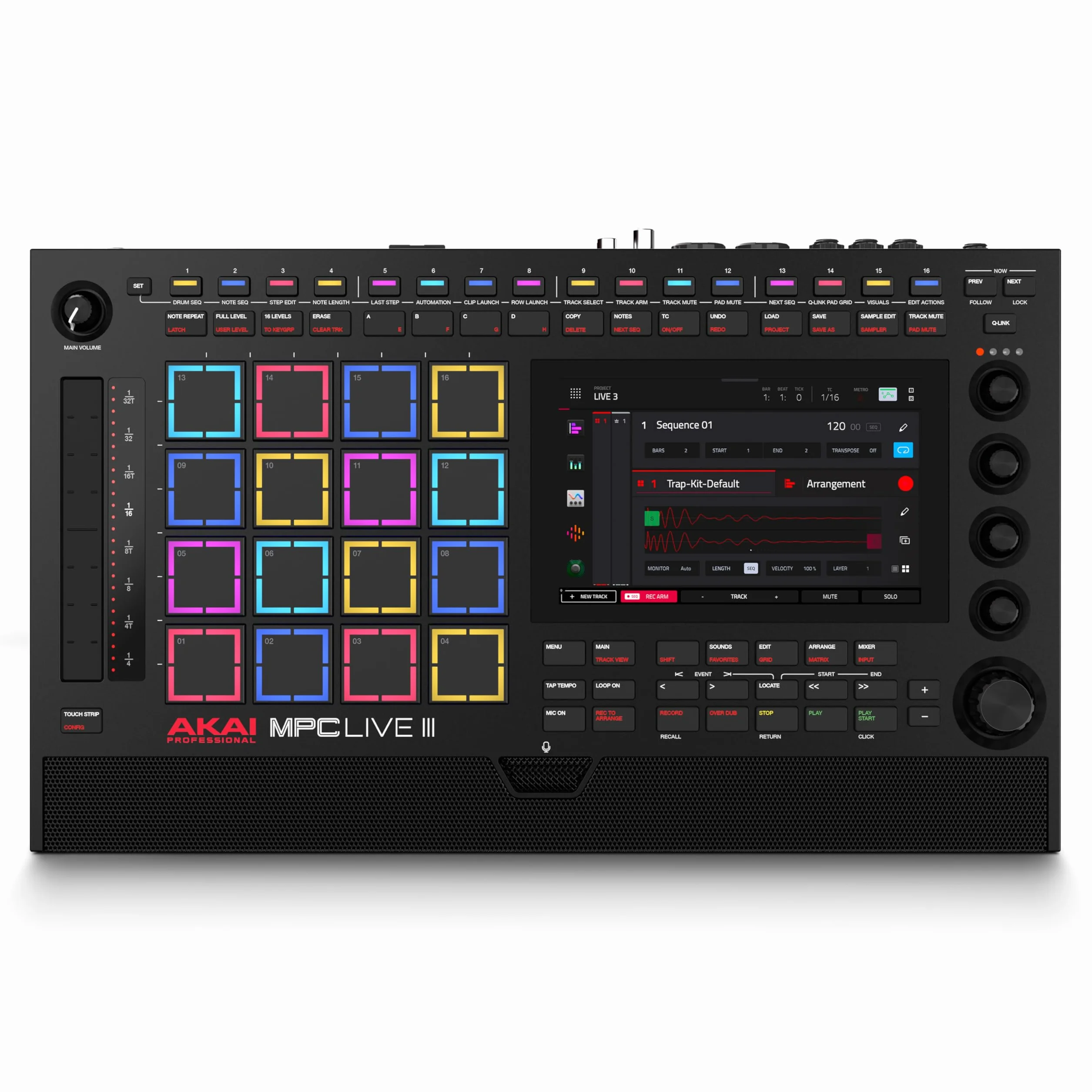 Akai Professional MPC Live III Przenośne centrum produkcji muzycznej z padami MPCe, sekwencerem, ekranem dotykowym, mikrofonem, monitorami, interfejsem audio, Wi-Fi, Bluetooth, baterią, touchstripem