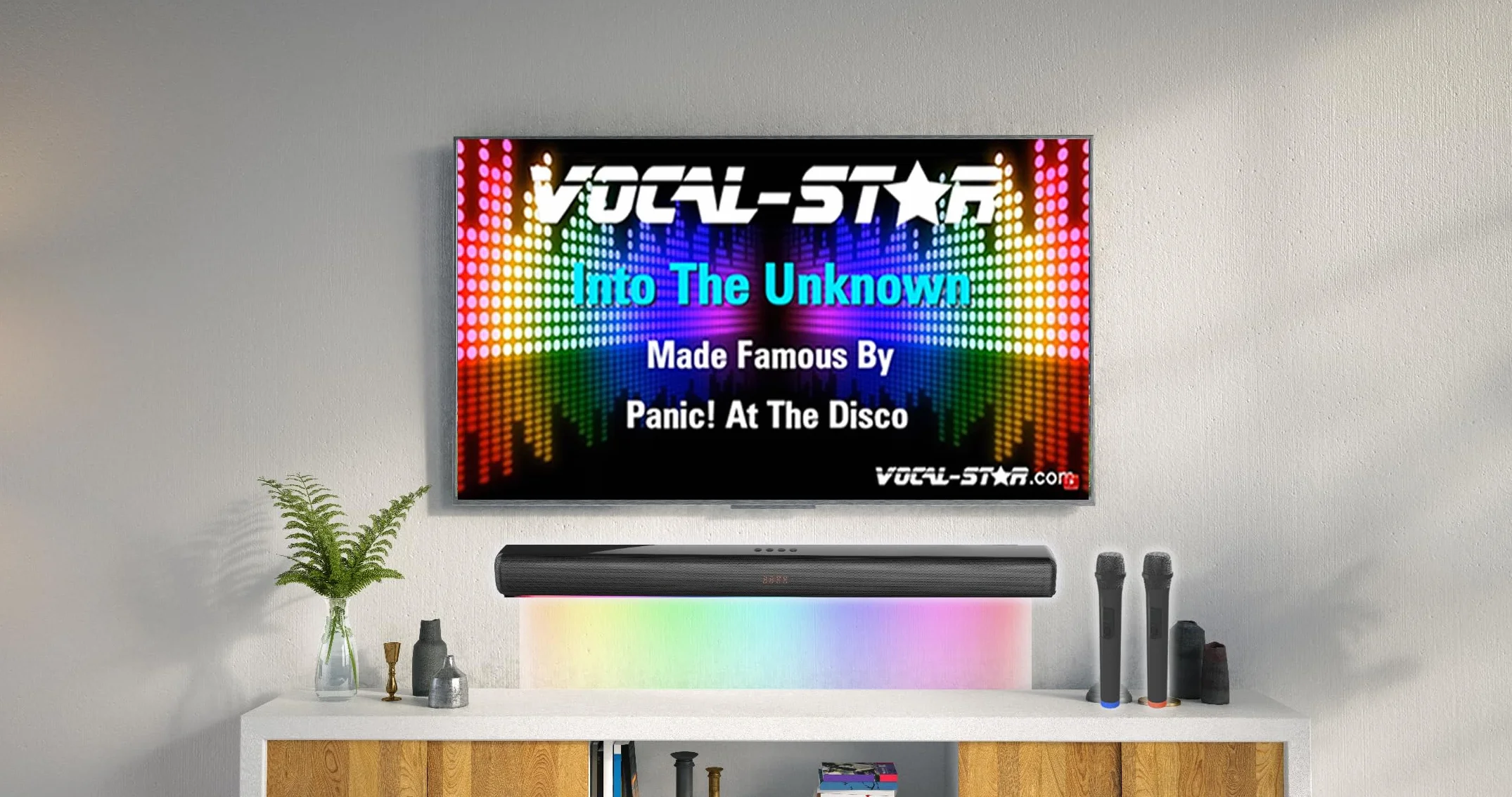Vocal-Star Soundbar do karaoke system 250w, 2 bezprzewodowe mikrofony UHF, uchwyt ścienny, 9 efektów świetlnych RGBW, pilot zdalnego sterowania, HDMI ARC, BT, AUX, optyczny