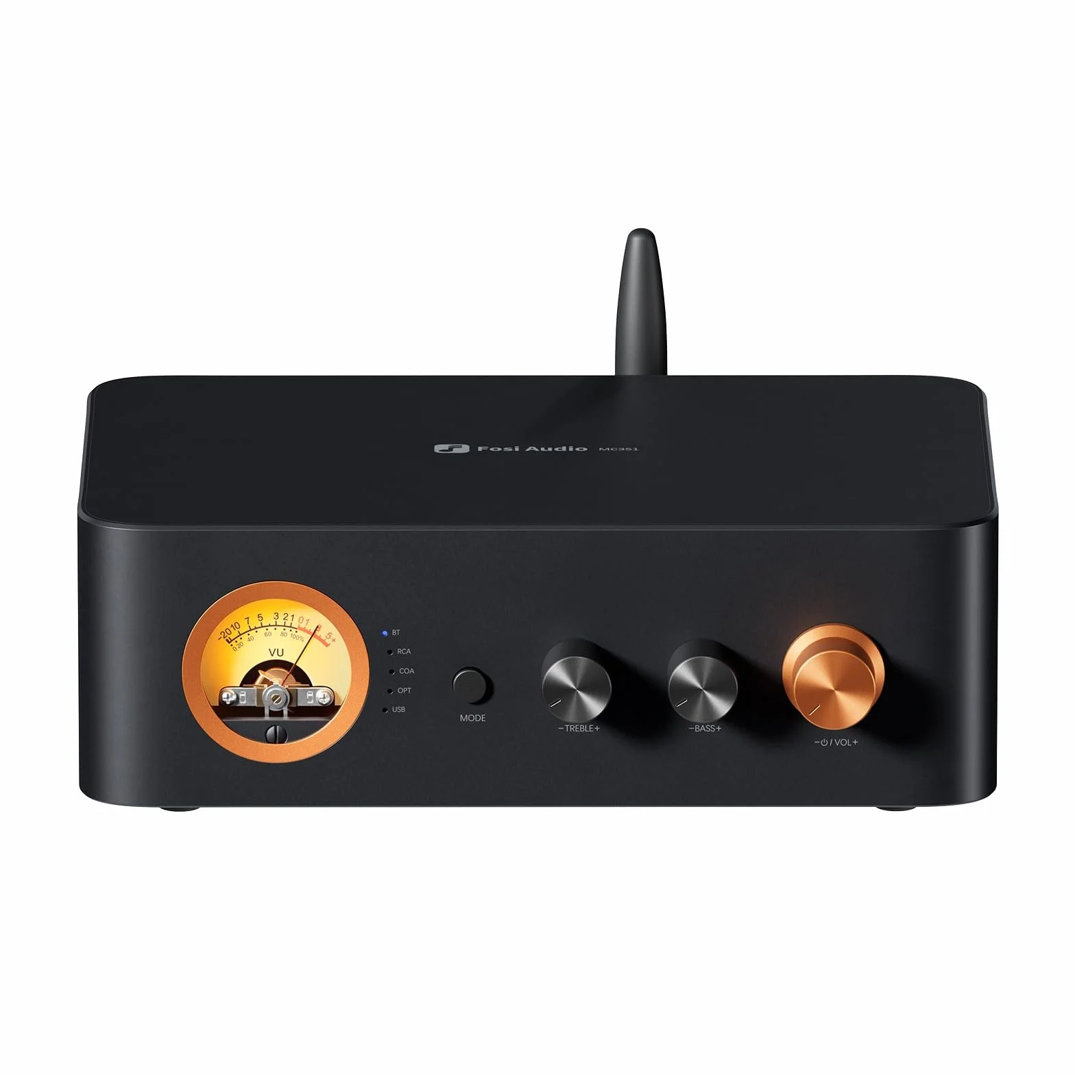 Fosi Audio MC351 2.1-Kanałowy Zintegrowany Wzmacniacz z Przetwornikiem DAC, Domowe Audio Stereo z 2 Chipami TPA3255 do Głośników Pasywnych, Zabytkowy Miernik VU z BT/USB/OPT/COAX