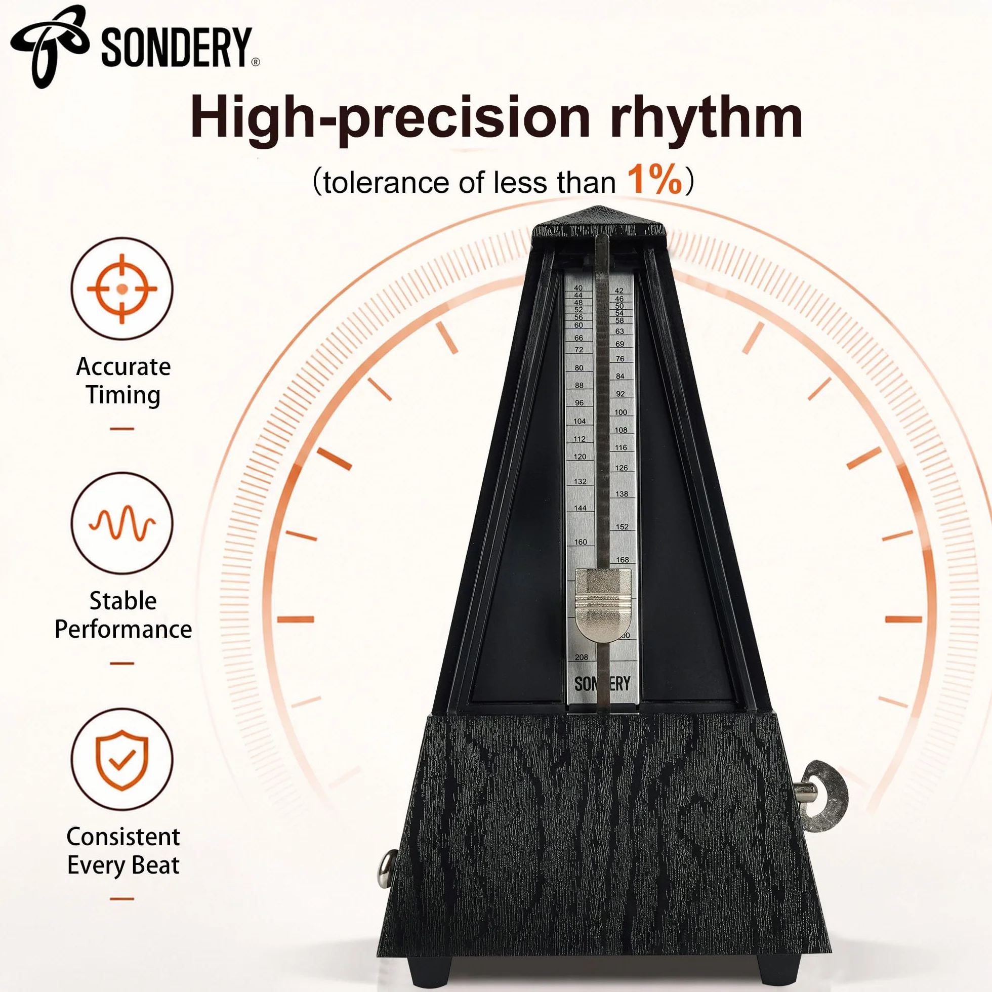 Sondery Klasyczny mechaniczny metronom z dzwonkiem do wszystkich instrumentów, zakres tempo 40-208 bpm, Beats 02346, plastikowa obudowa