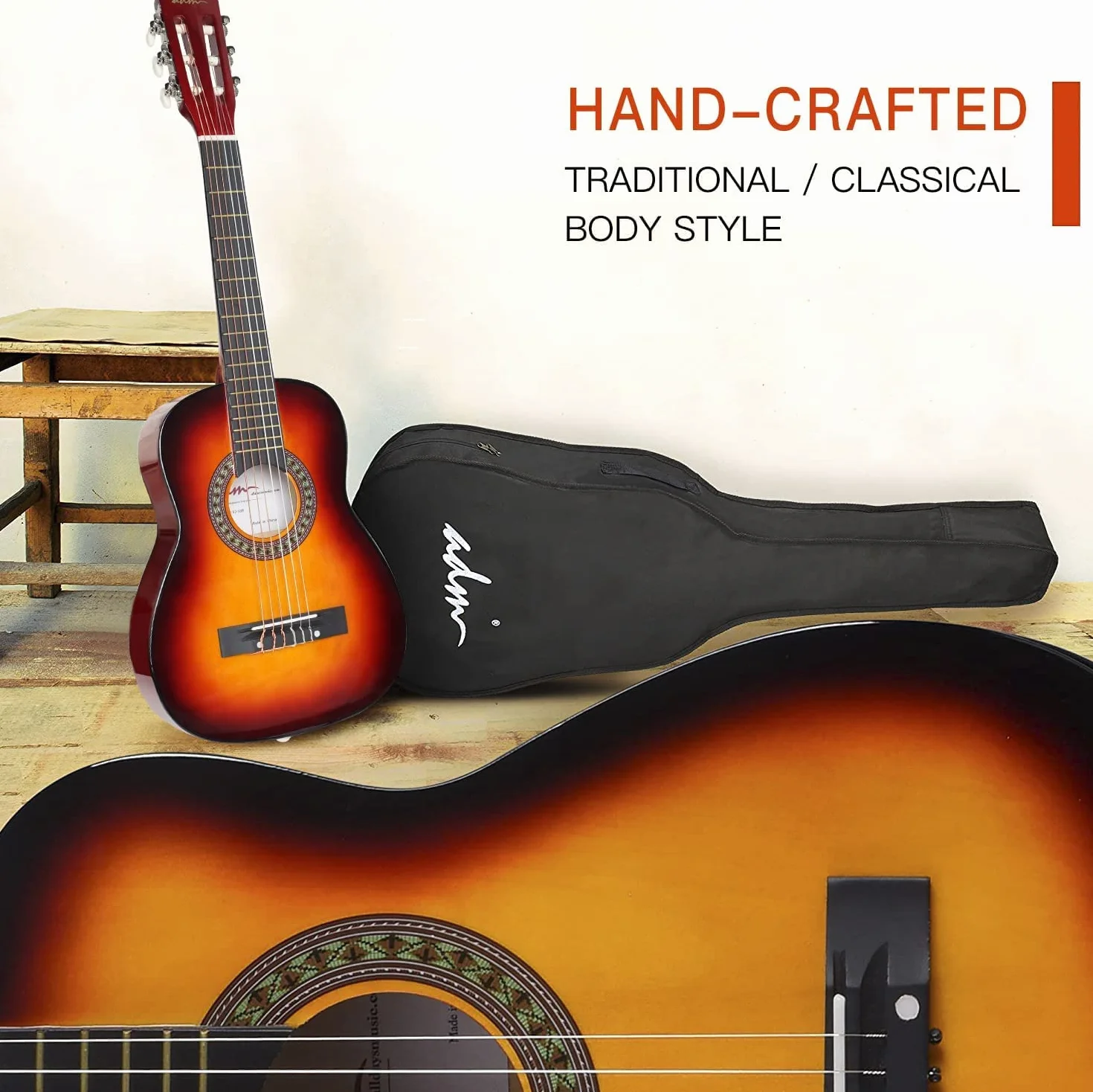 ADM Klasyczna gitara akustyczna dla dzieci, młodzieżowa gitara dla początkujących z 8 akcesoriami, mini gitara o rozmiarze 1/4, dobry prezent na Boże Narodzenie (błyszczący rozbłysk słońca, 76 cm)