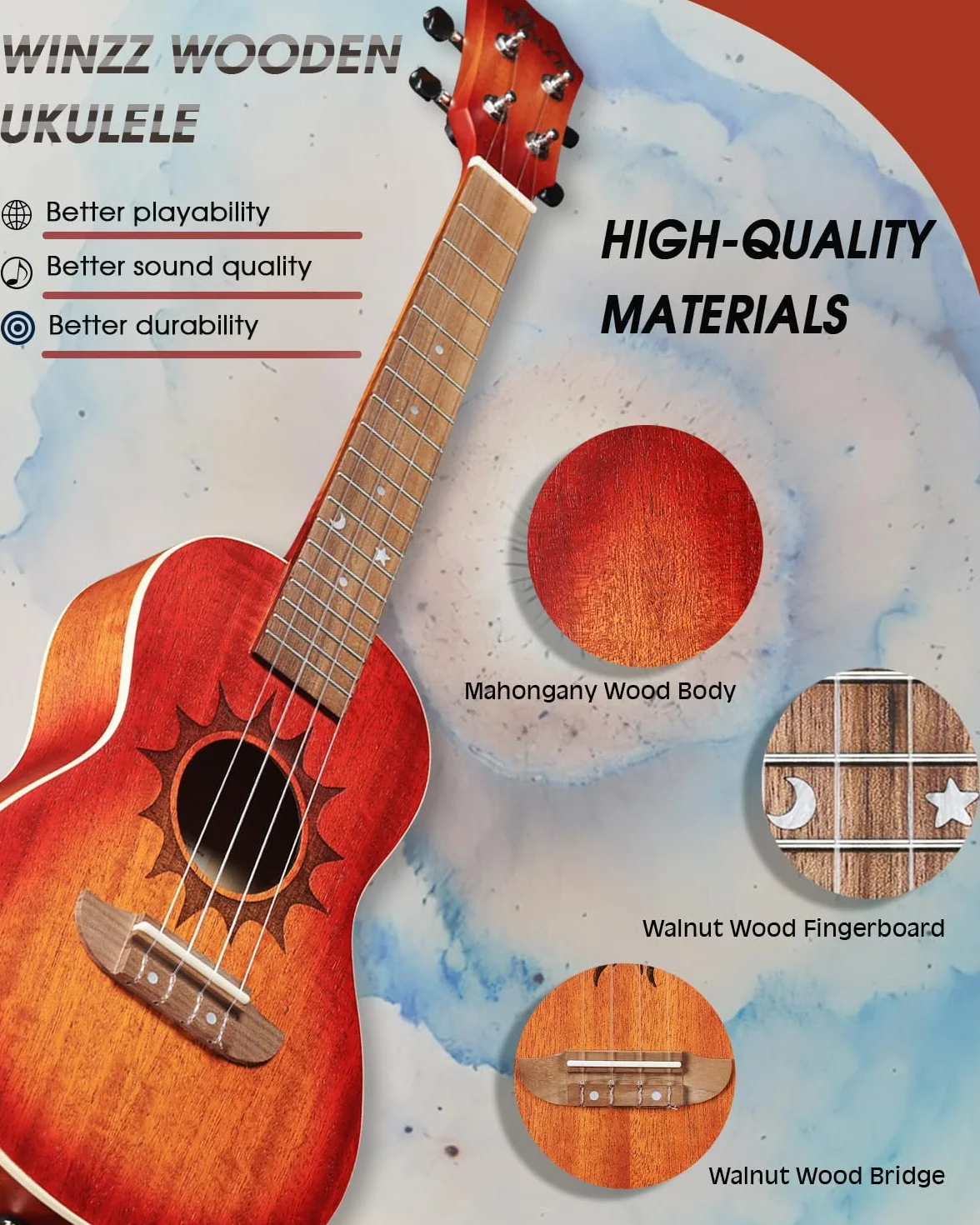 Winzz Ukulele sopranowe dla dorosłych i dzieci - 53 cm mahoń, struny węglowe, matowy sunburst