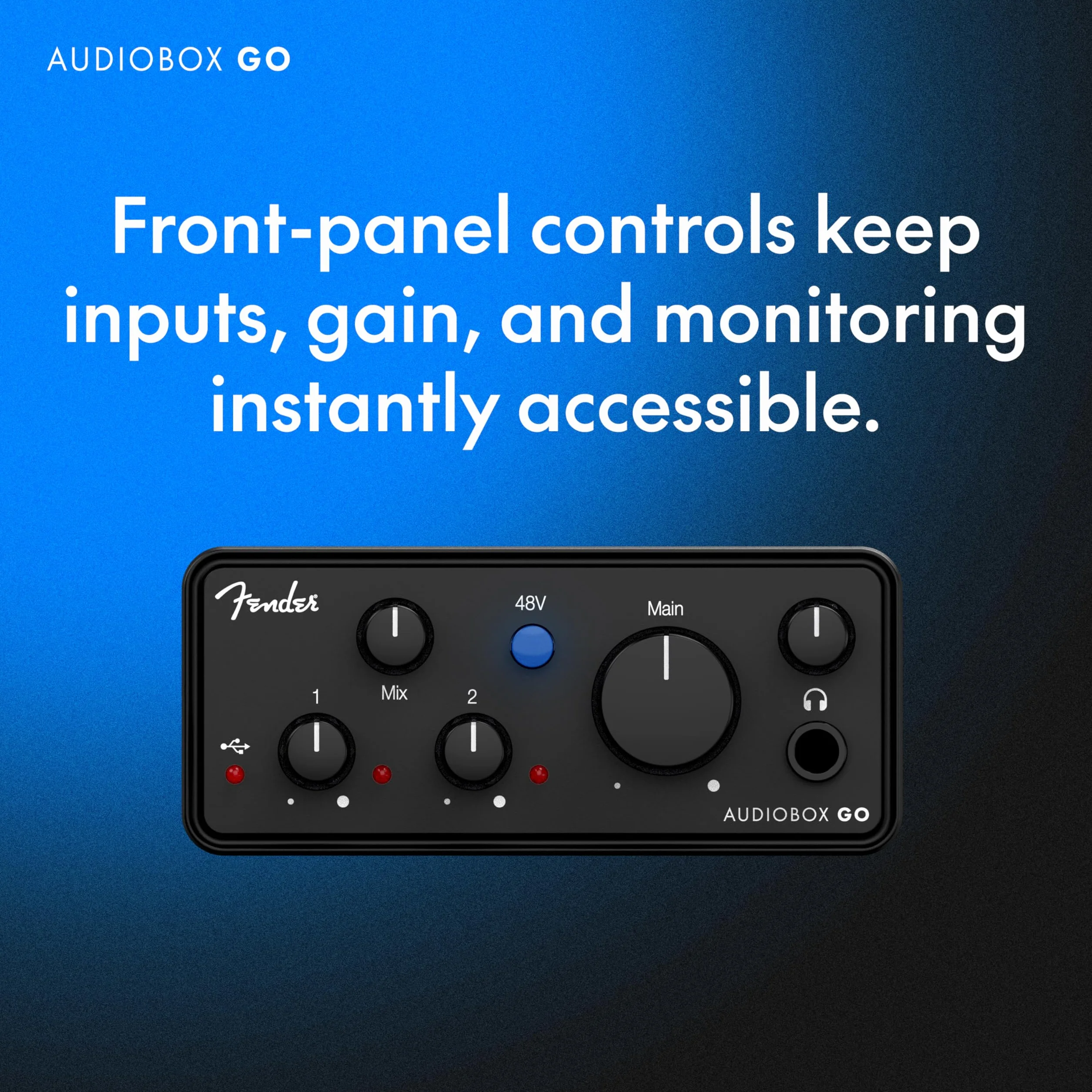 Fender AudioBox GO 2x2 USB-C Audio Interface 24-bit/96 kHz XLR Mic/Line TS Instrument Input Zero-Latency Headphone Monitoring