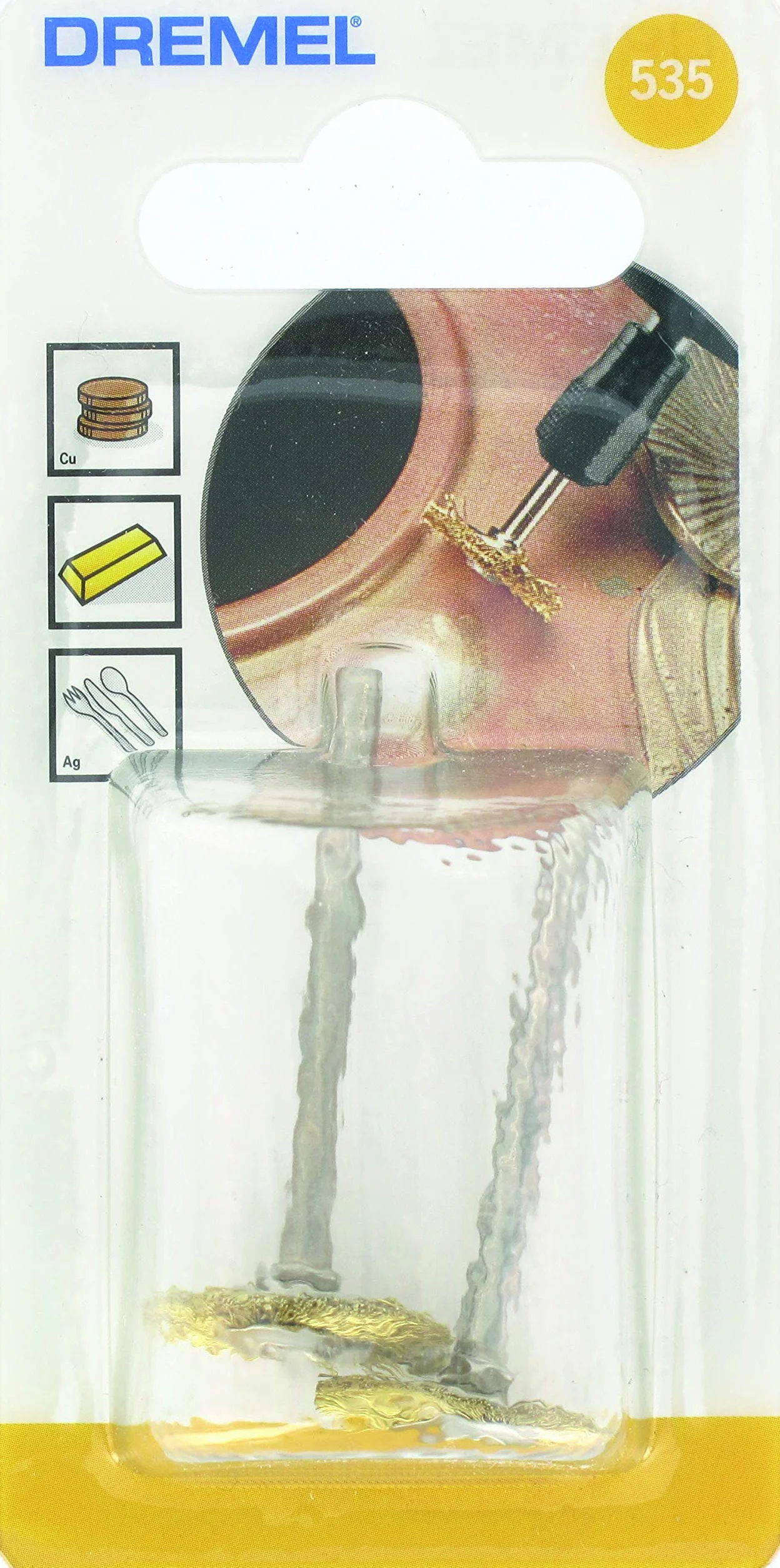 Dremel 535 szczotka mosiężna, zestaw akcesoriów: 2 szczotki (19 mm) do czyszczenia miękkich metali, takich jak złoto, brąz lub miedź