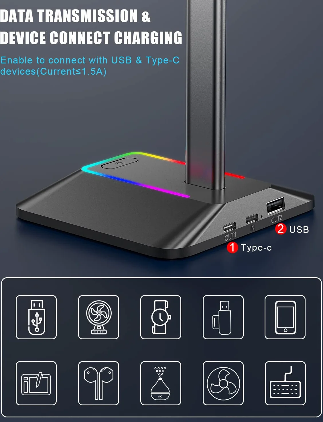 New Bee Stojak RGB na Słuchawki z Ładowarkami USB Typu C i Transmisją Danych - Uniwersalny Uchwyt do Słuchawek Gamingowych (Czarny)