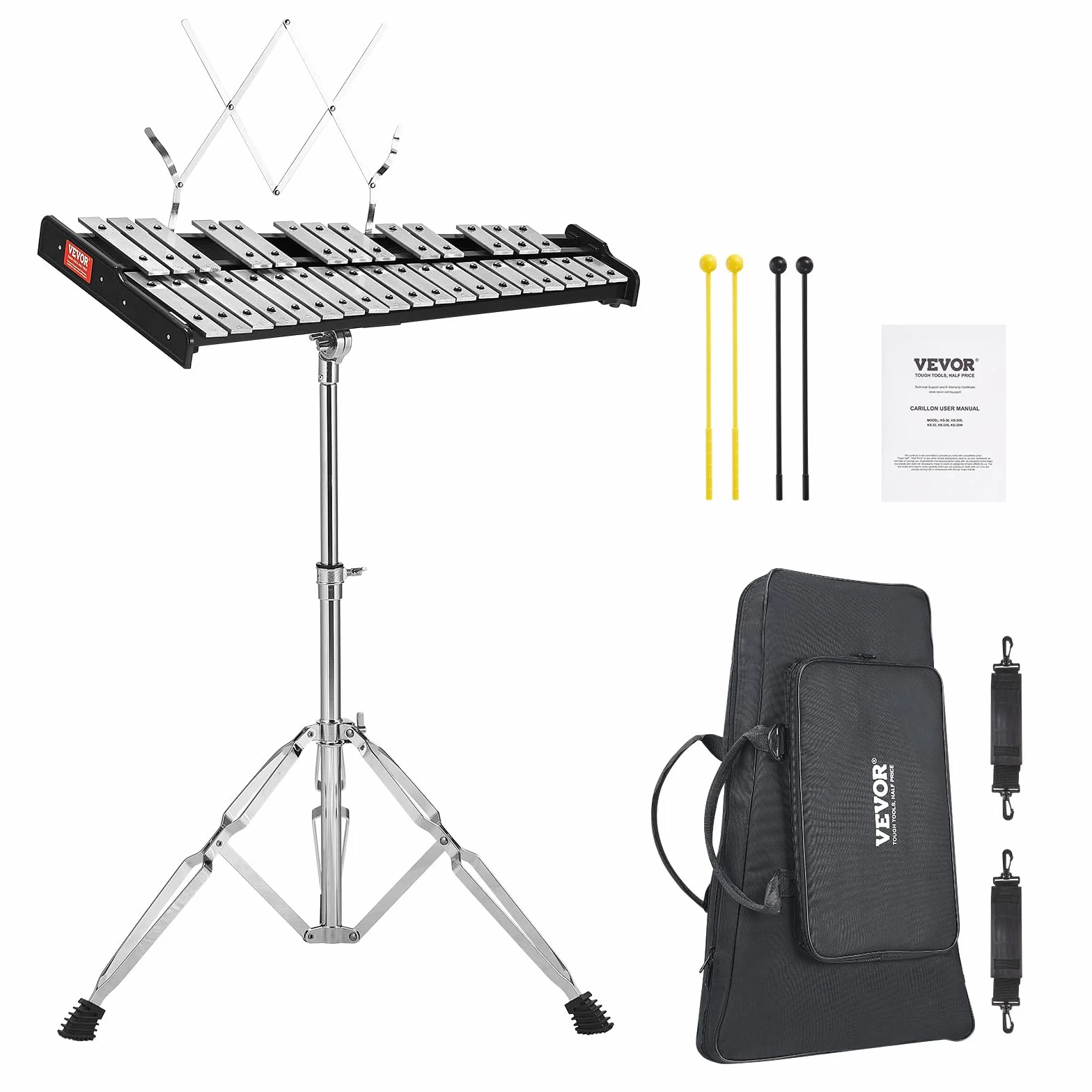 VEVOR Zestaw do ksylofonu Glockenspiel z 32 notatkami, profesjonalny instrument perkusyjny z młotkami, pałeczkami, regulowanym wspornikiem, torbą do przenoszenia, zestaw instrumentów edukacyjnych dla