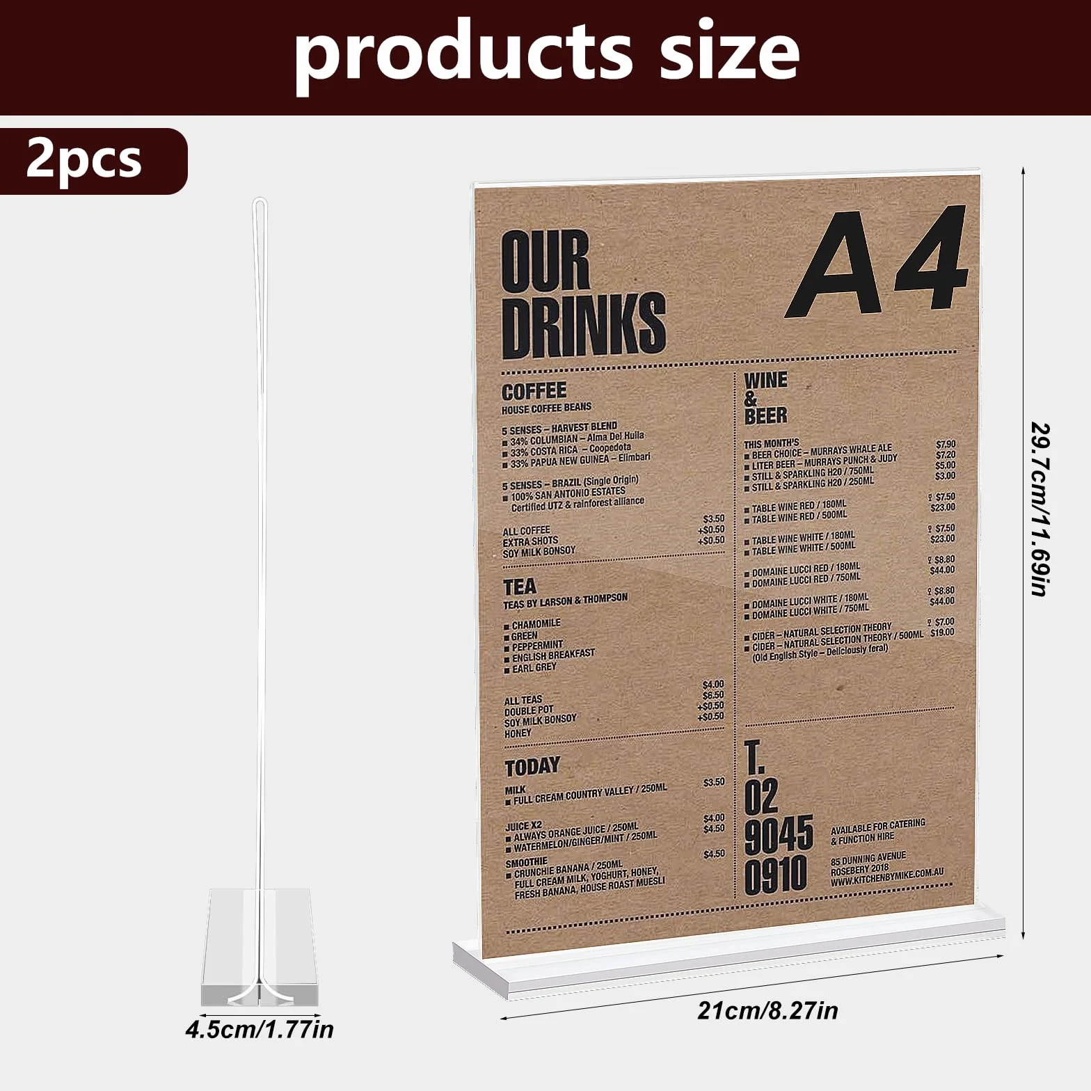 2 sztuki A4 Wyświetlacze akrylowe, Wyświetlacze stołowe A4, uchwyt na karty menu, uchwyt menu, stojak pocztowy, wyświetlacze reklamowe, przezroczyste akrylowe stoisko dla restauracji menu biurowe