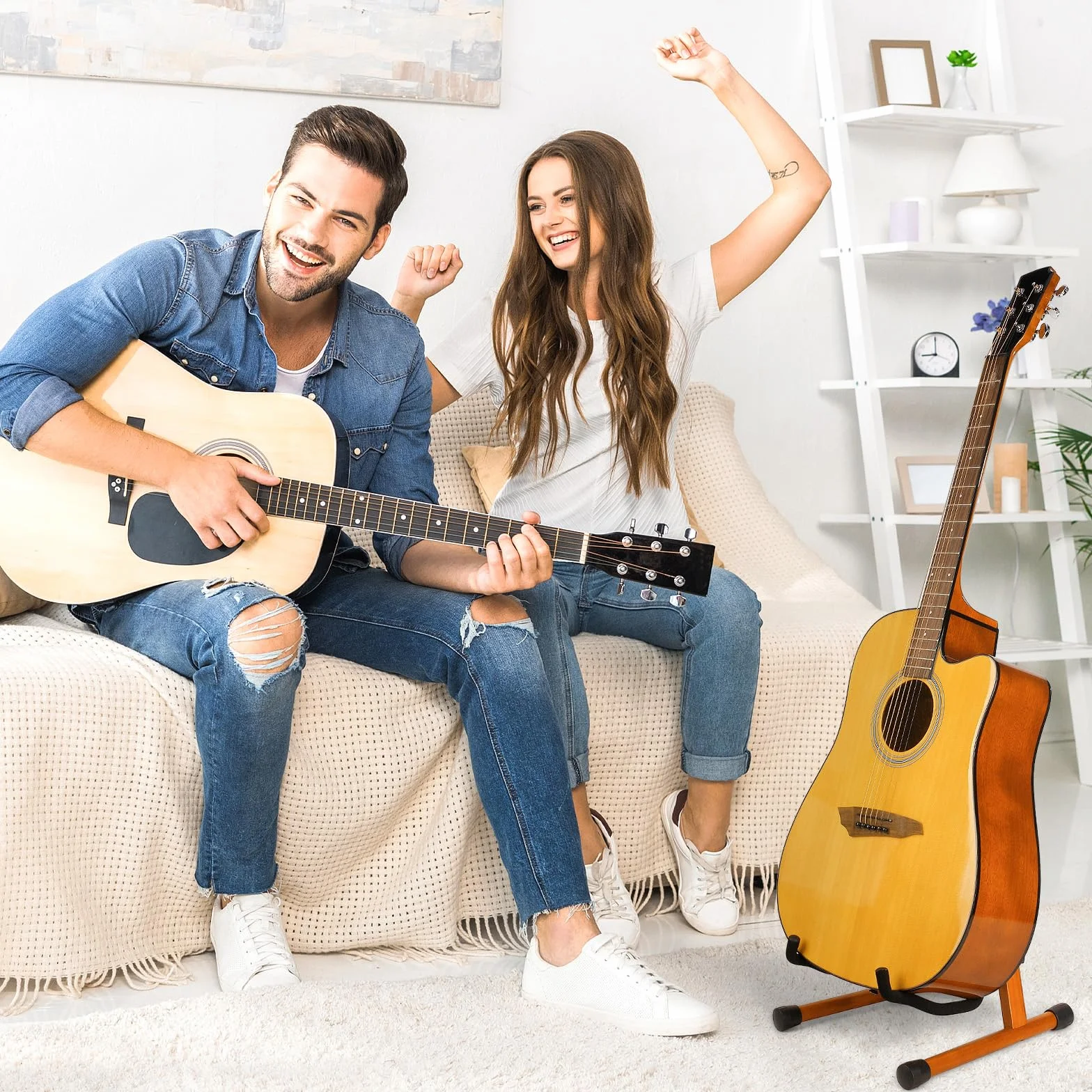 MUSO Stojak na gitarę, składany w kształcie litery A, łatwy montaż i przenośny, do basu, ukulele, banjo, wiolonczeli, mandoliny, solidny uchwyt, trwały (palisander)