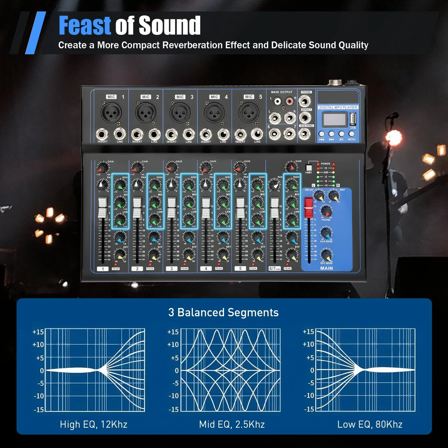 Mikser audio Bluetooth, 7-kanałowy, mikser DJ Live Studio z USB, mikser audio na żywo, 6 trybów muzyki, konsola do miksowania dźwięku, do studia produkcji muzyki, barów i scen, dla