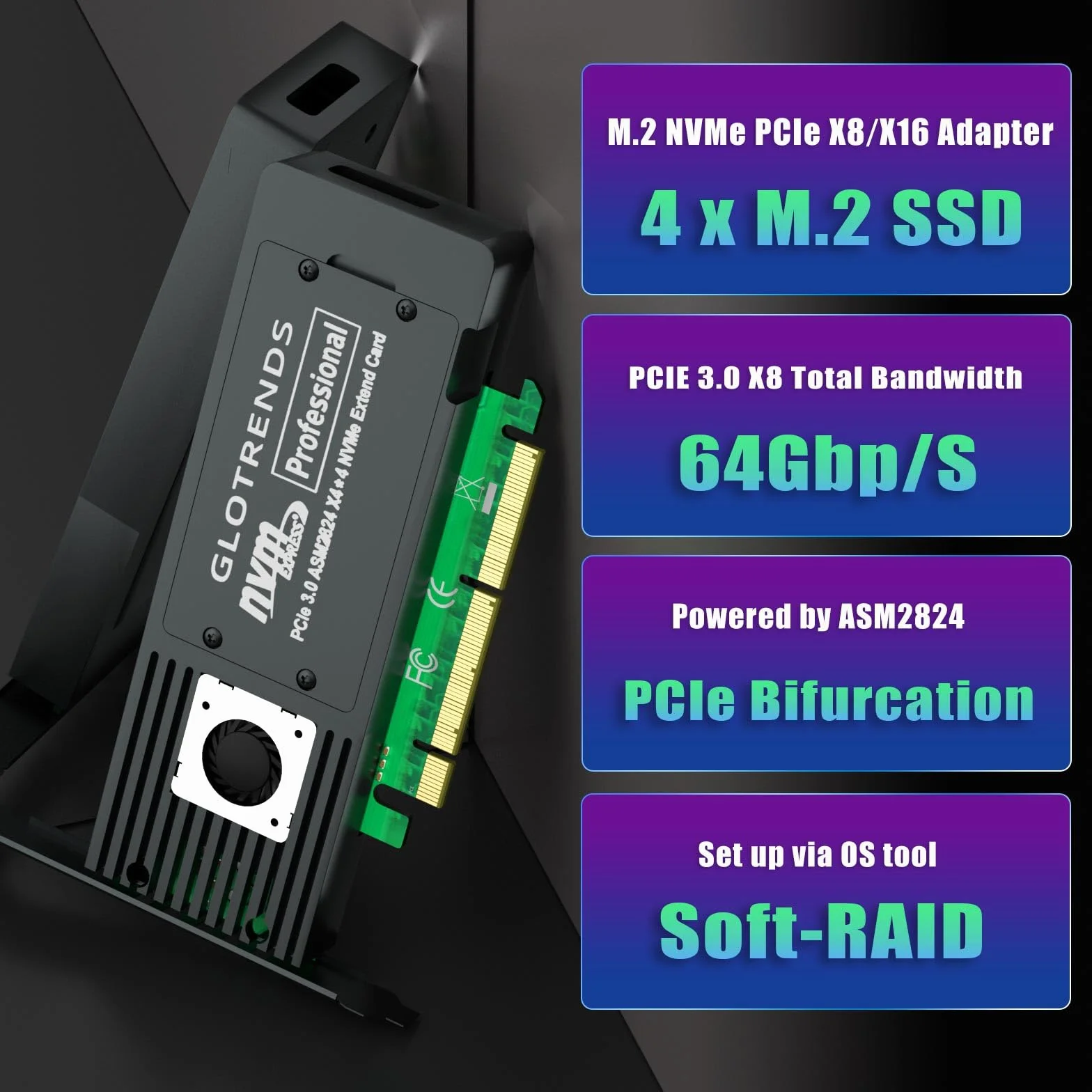 GLOTRENDS ST560 Adapter Quad M.2 NVMe do PCIe 3.0 X8 z rozwidleniem PCIe, konfiguracja miękkiego RAID-u M.2 NVMe za pomocą narzędzia systemu operacyjnego