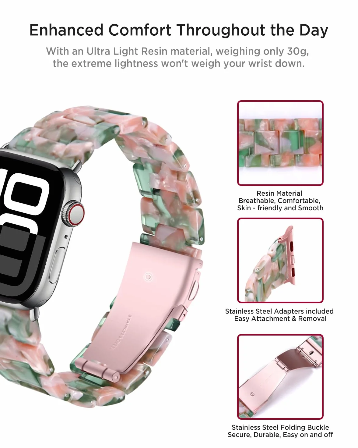 Miimall Pasek z żywicy do zegarka Apple Watch Series 10 Ultra, SE Series 9, 8, 7, 6, 5, 4, 3, 2, 1, lekki pasek do iWatch 49 mm, 46 mm, 45 mm, 44 mm, 42 mm, 41 mm, 40 mm, 38 mm, regulowana bransoletka