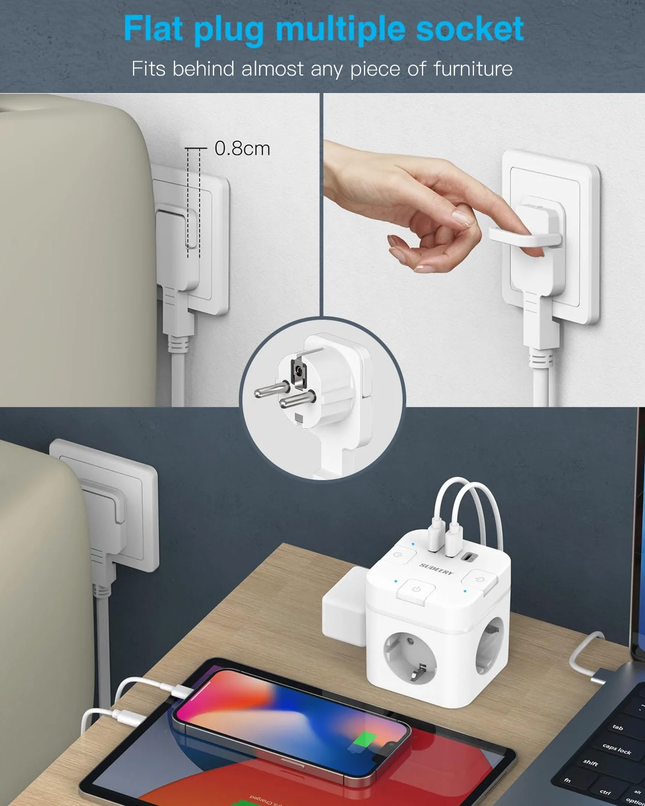 Listwa zasilająca 6 w 1 z gniazdem USB C, 3-krotna listwa zasilająca, płaska wtyczka z pojedynczym przełączaniem, kostki z kablem 2 m, 1 wtyczka USB typu C, do biura, domu, podróży (biała)