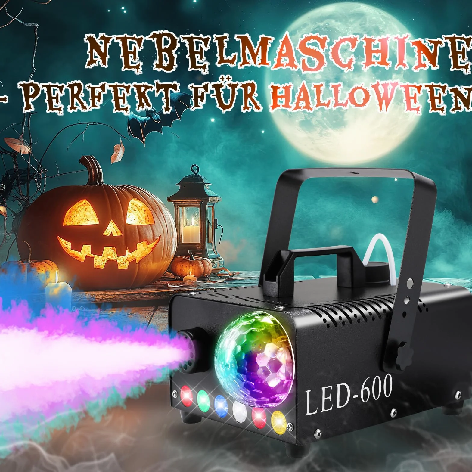Fog Machine 600W 5000 CFM z Kulą Dyskotekową 6 LED RGB, Wytwornica Dymu