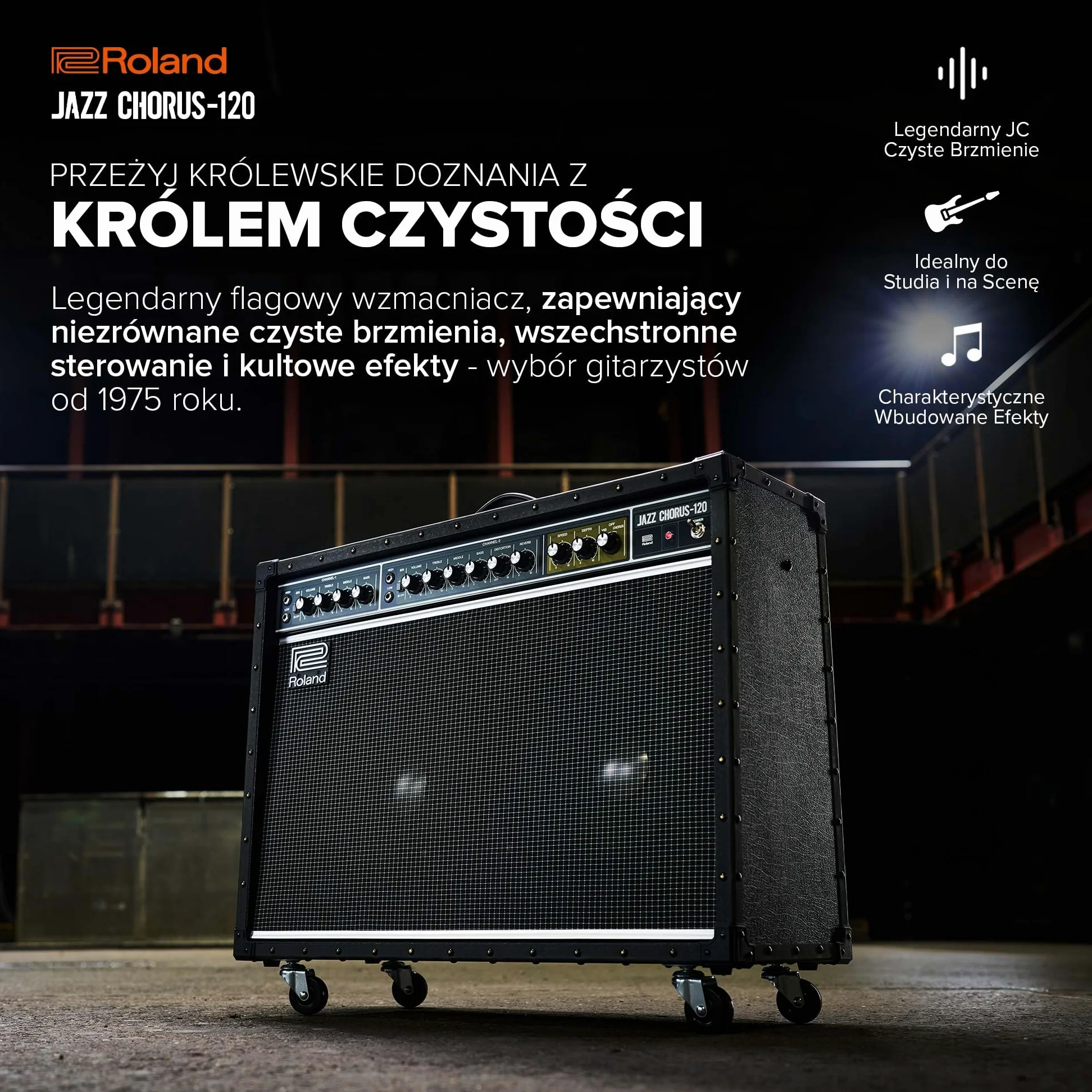 Roland JC-120 Jazz Chorus | Wzmacniacz Gitarowy | Legendarny Czysty Dźwięk JC | Charakterystyczny Efekt Dimensional Space Chorus | Potężny Wzmacniacz Stereo o Mocy 120 W | Dwa Głośniki 12”