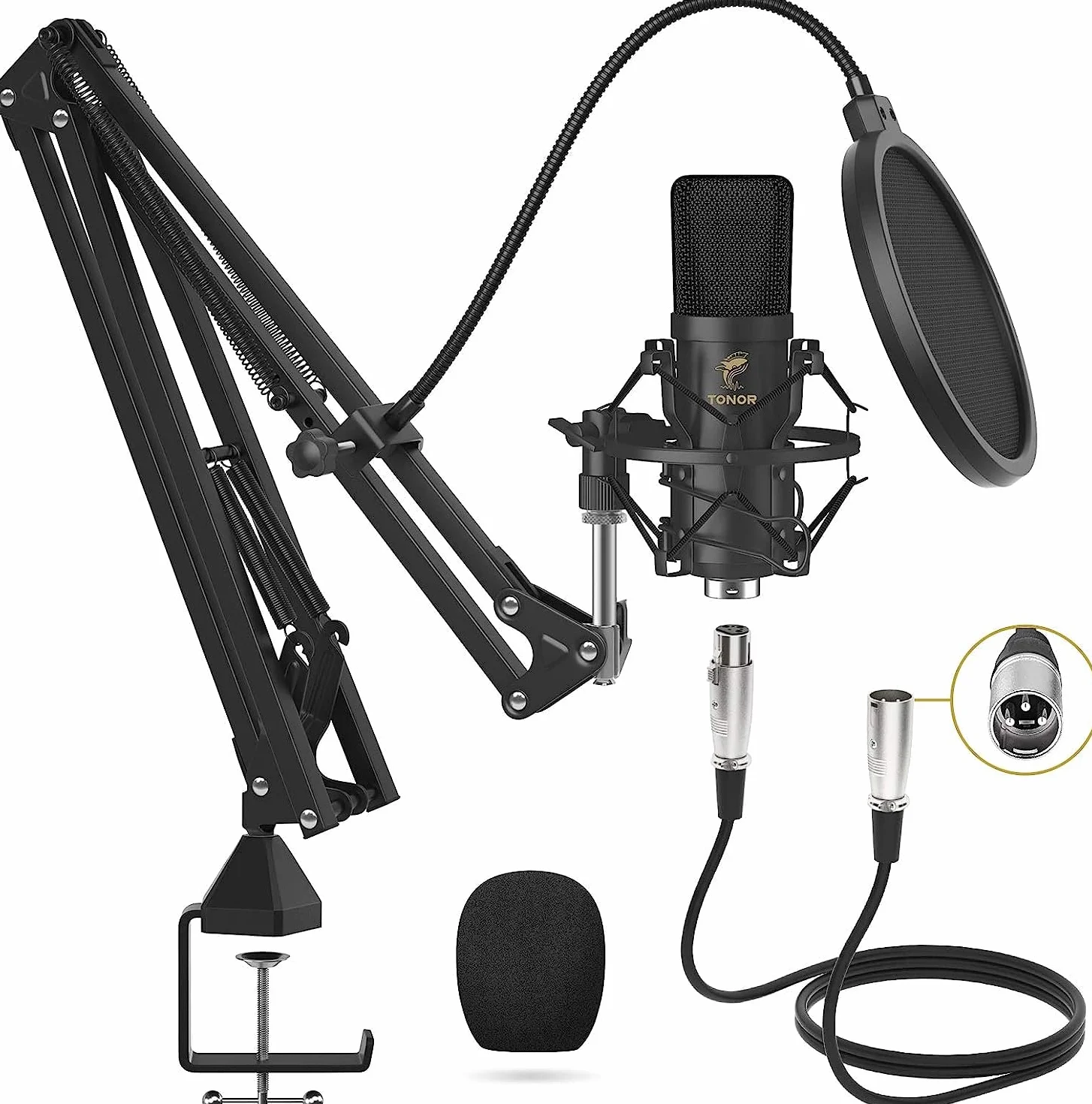 TONOR XLR mikrofon kondensatorowy kardioidalny zestaw z ramieniem T20, uchwyt wstrząsowy do nagrywania, studia, YouTube