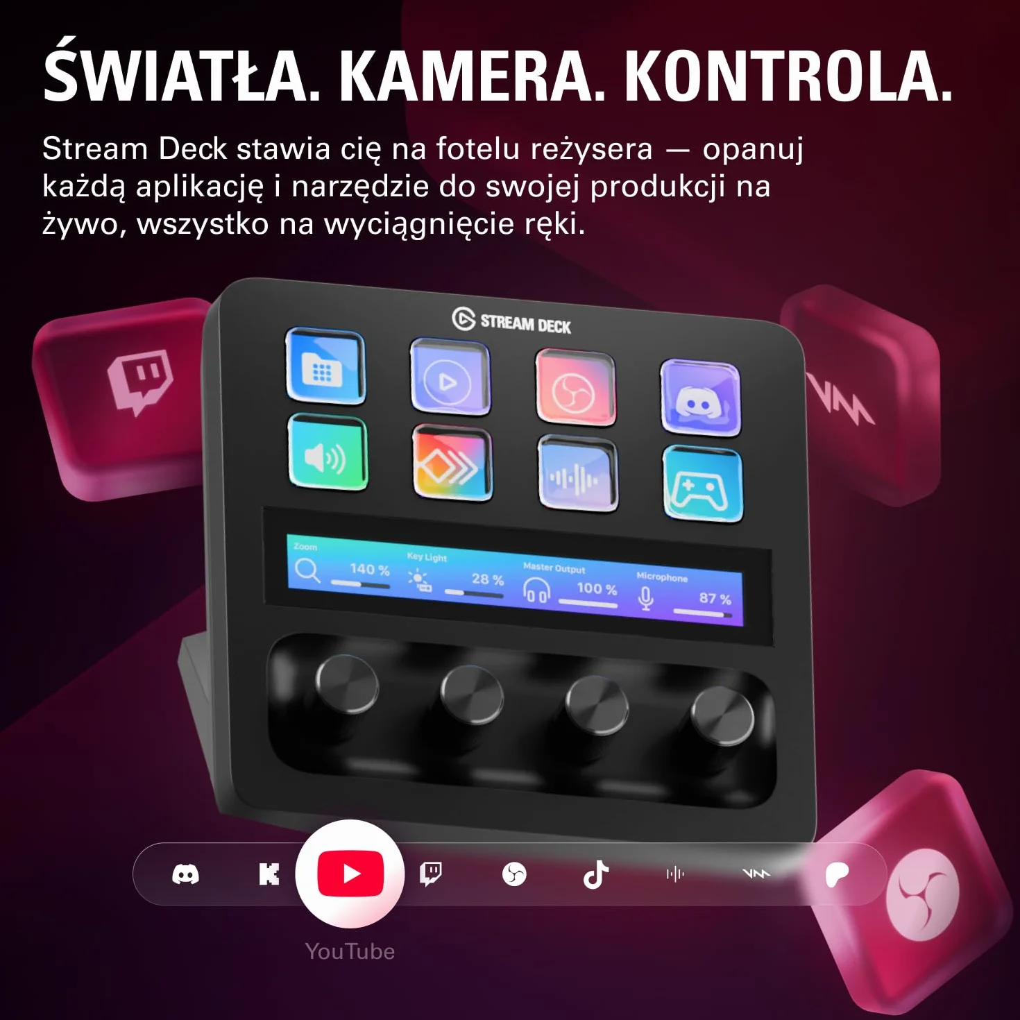 Elgato Stream Deck +, mikser audio, kontroler do produkcji na żywo i studyjny do tworzenia zawartości, transmisji i gier, pasek dotykowy, pokrętła i klawisze LCD z możliwością dostosowania, Mac i PC