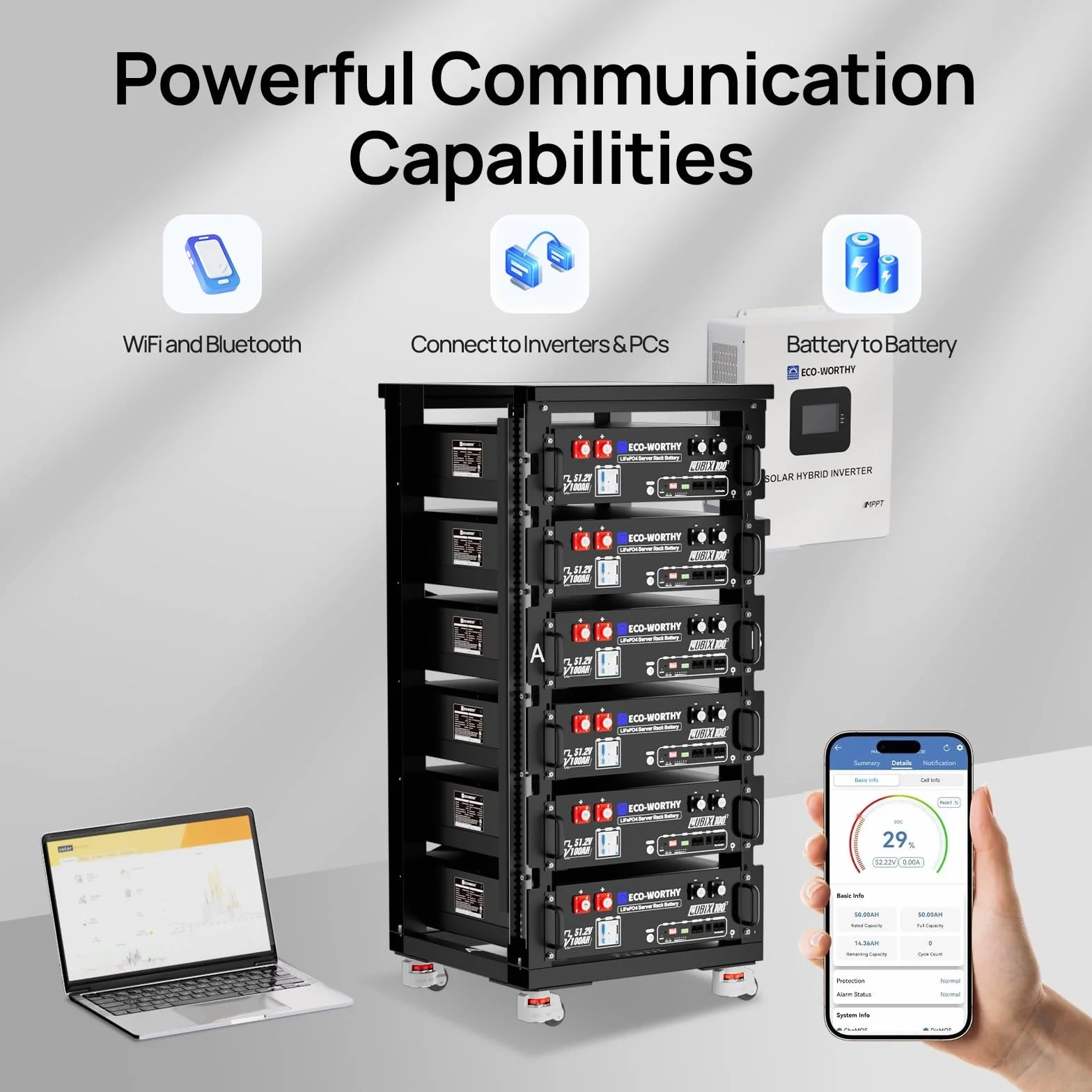 ECO-WORTHY LiFePO4 48 V 100 Ah Bluetooth z baterią litową 100 A BMS 5,12 kWh 48 V, szafa serwerowa, bateria solarna do instalacji solarnych, kompletny zestaw, instalacja fotowoltaiczna, IEC 62619