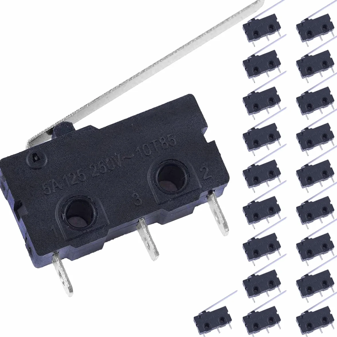 Mikroprzełącznik długie proste ramię dźwigni zawiasowej 28 mm mikro-wyłącznik krańcowy 1NO 1NC 5 A 125 V / 250 V 3 zaciski chwilowy przełącznik do Arduino (20 sztuk)