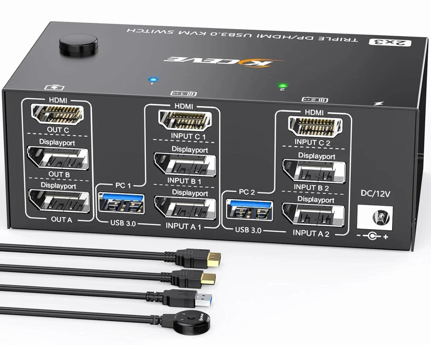 Przełącznik KVM, 2 szt., 3 monitory, 8K przy 60 Hz, 4K przy 144 Hz, ESKEVE HDMI+2 Displayport KVM Switch do 2 monitorów komputerowych, Share 3 i 4 urządzeń USB3.0, z zasilaczem DC 12 V + przewodowym