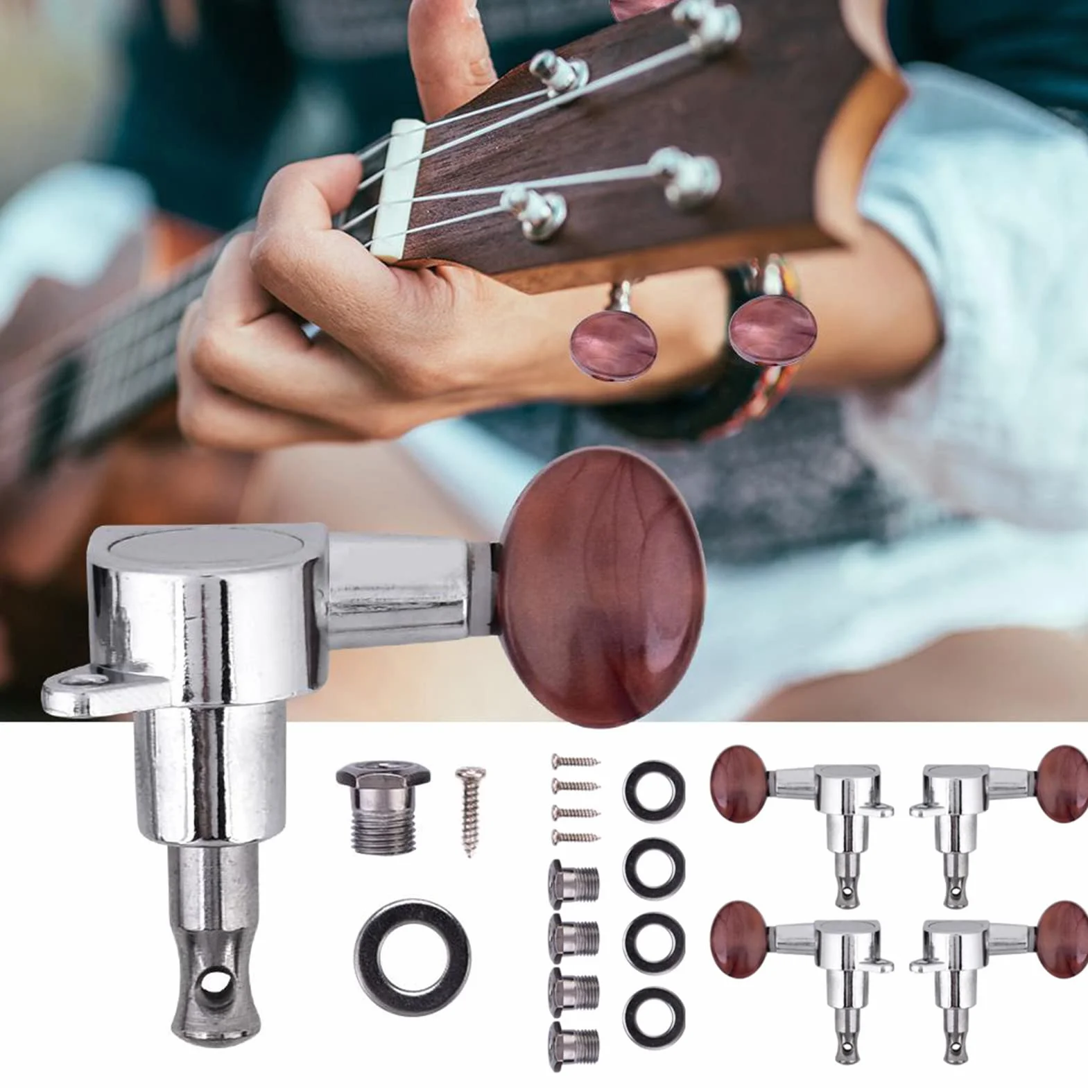 2R2L Ukulele Tunery Kołki do Strojenia Klucze Zestaw Głowic do 4-strunowej Gitary Ukulele, Głowice ze Stopu Cynku z Czerwonym Przyciskiem Perłowym