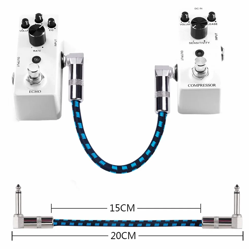 Rayzm kabel łatacz gitarowy - 6,35 mm bezgłośny 15 cm kabel łatacz do efektów gitarowych i basowych, kabel łatacz kątowy męski TS mono do instrumentów i efektów pedałowych (opakowanie 3 sztuki)