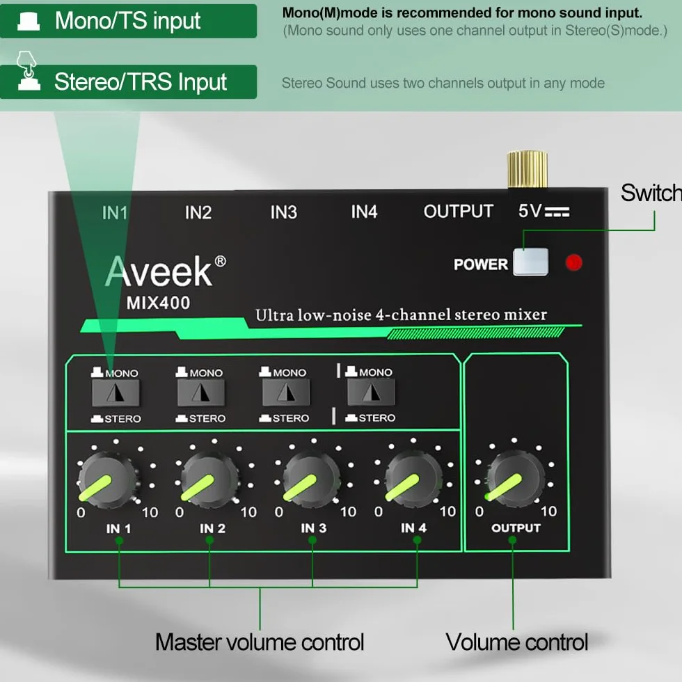 Aveek Mikser 4-kanałowy – mini 4-kanałowy mikser audio stereo, niski poziom hałasu dla precyzyjnego podmieszania, wejście/wyjście TRS 1/10.2 cm idealny do mikrofonów/gitar/basów/scen