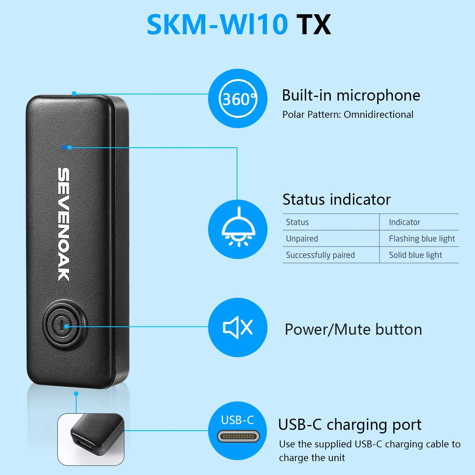 Sevenoak SKM-W10-U2 bezprzewodowy mikrofon krawatowy, bezprzewodowy mikrofon USB-C z klipsem do smartfona z systemem Android/typu C, do podcastów, Facebooka, YouTube, vlogowania, nagrywania wideo
