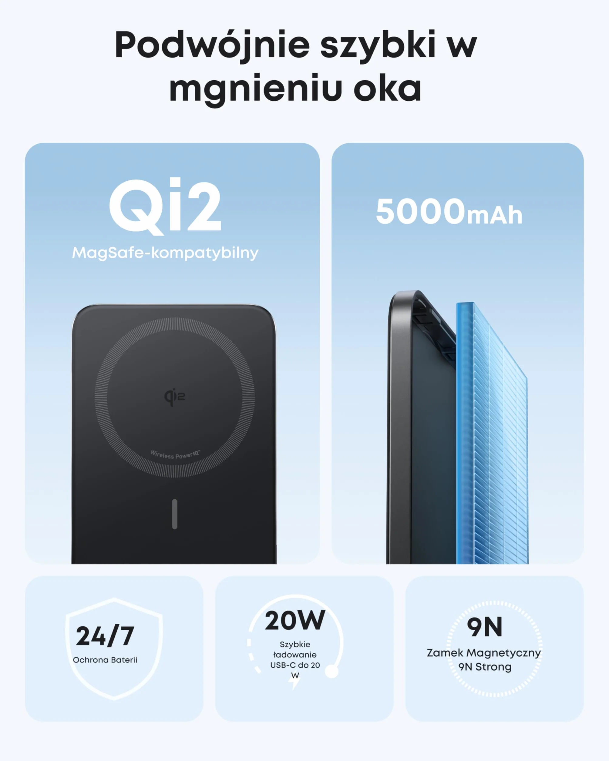 Powerbank Nano firmy Anker, super cienki, 5 000 mAh magnetyczna bateria, ultra szybka kompatybilna z MagSafe ładowarka przenośna 15 W z certyfikatem Qi2, ergonomiczny styl, tylko dla serii iPhone17/16