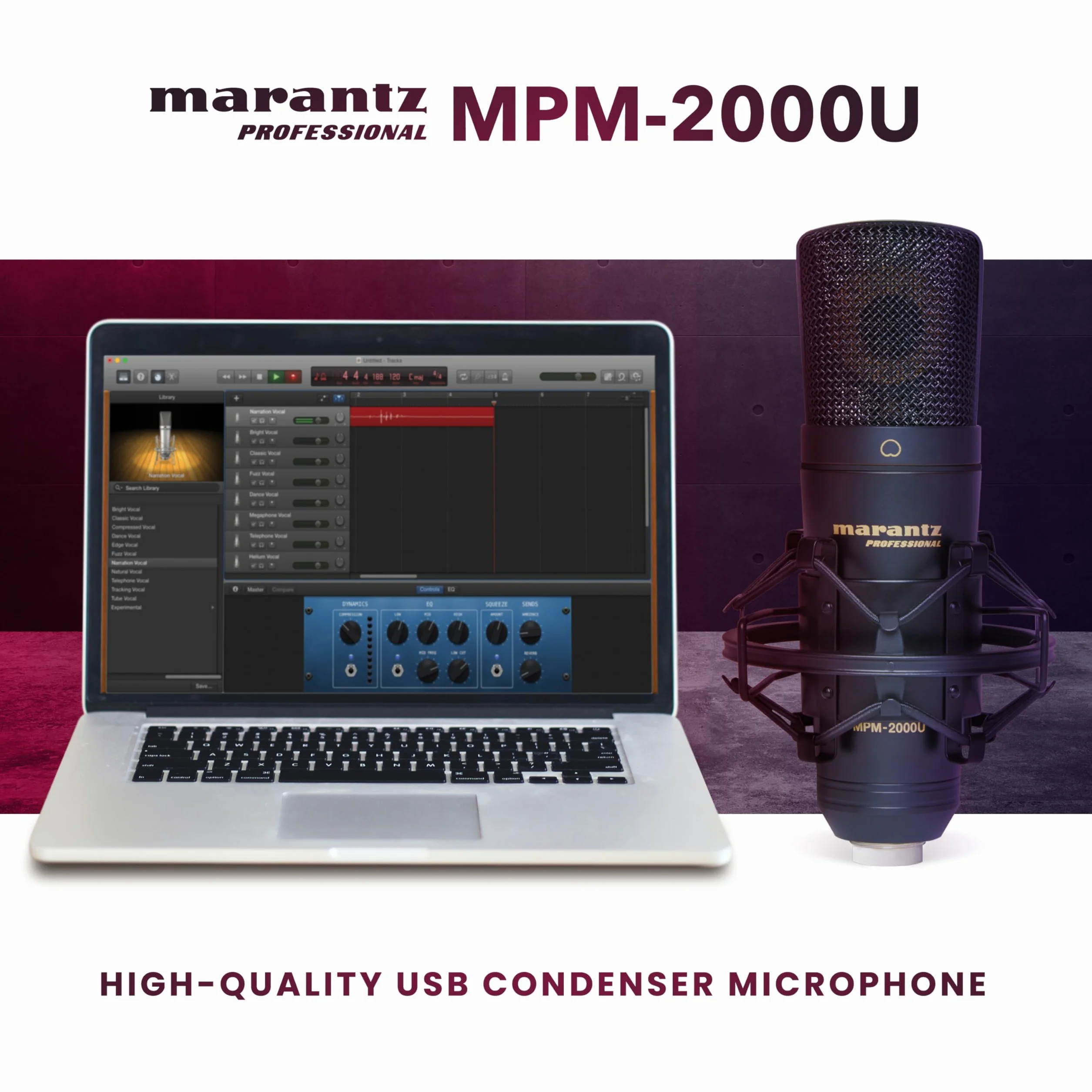 Marantz Professional MPM-2000U - Mikrofon Pojemnościowy USB do Nagrywania na Komputerze, Podcastów i Gier i Uchwyt Antywstrząsowy, Kabel USB i Etui