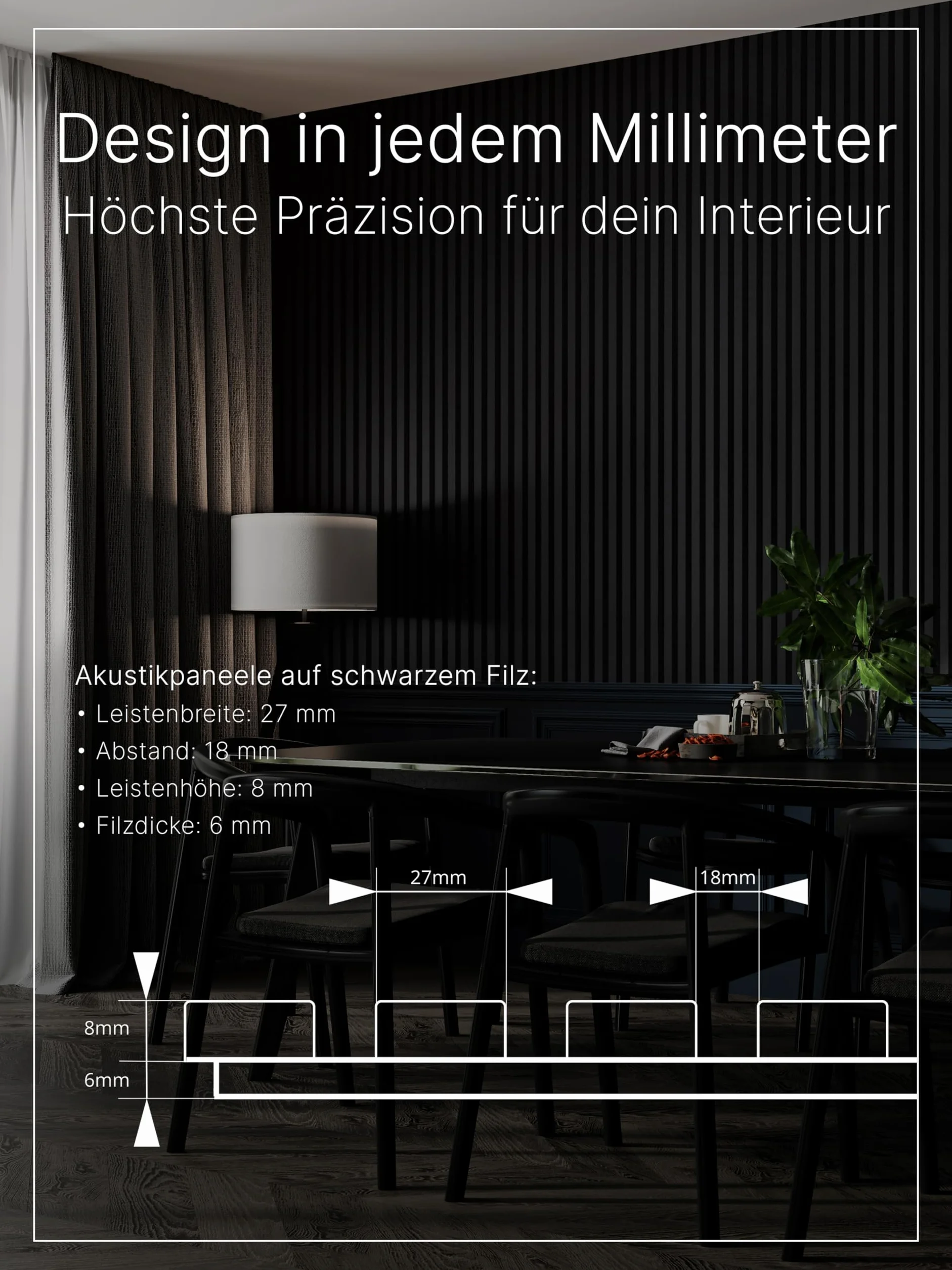 wohnartig® Panele akustyczne 1,485m² - 275cm x 54cm* zestaw - (zestaw = 2 sztuki 275cm x 27cm) | Kolor: Czarny 905 | Okładzina ścienna | Panel akustyczny | Panele ścienne na filcu | Filc akustyczny |