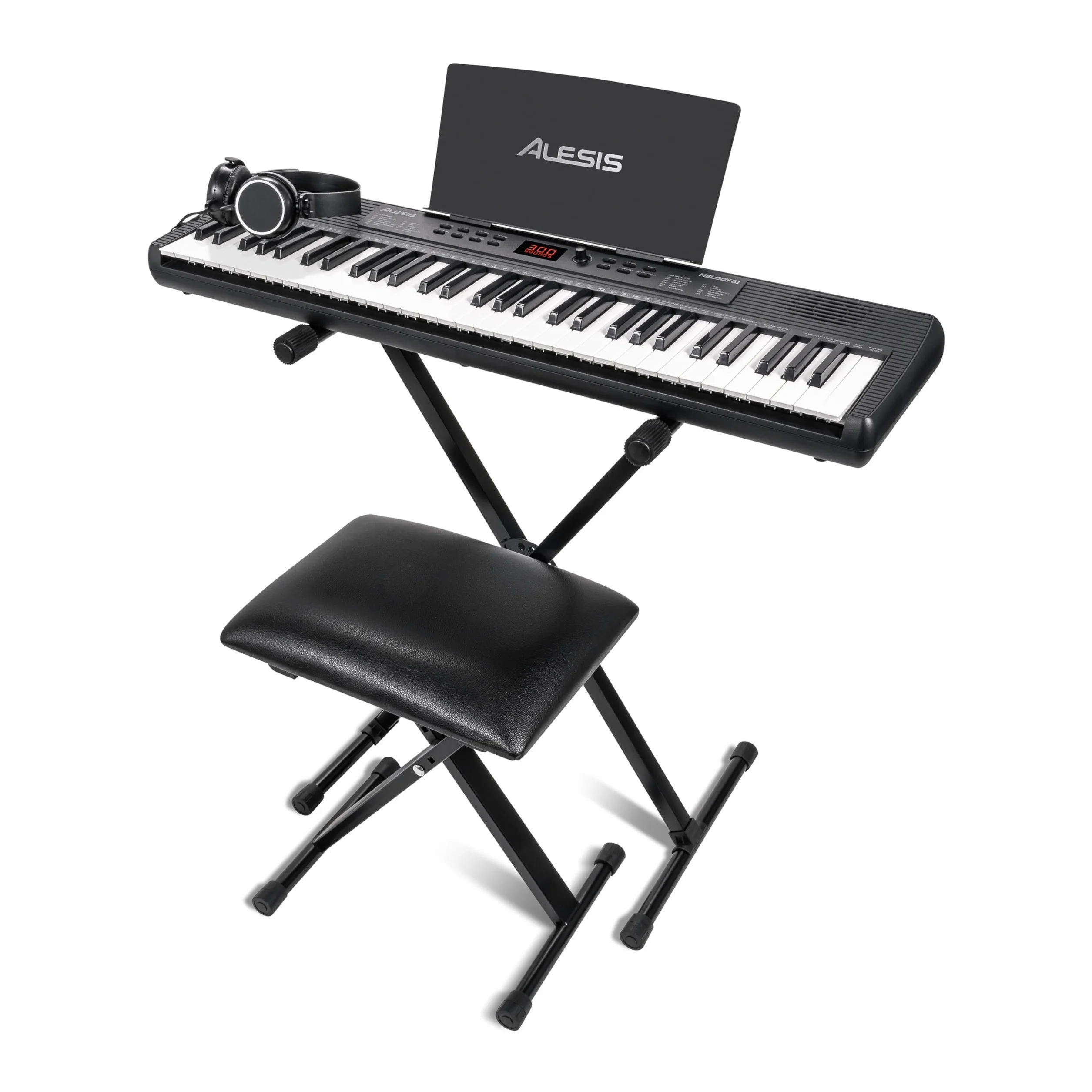 Alesis Melody 61 Pianino dla Początkujących z 61 Klawiszy, Głośniki, Stojak, Ława, Słuchawki, Podpórka pod nuty/tablet, 300 Brzmień i Lekcje gry