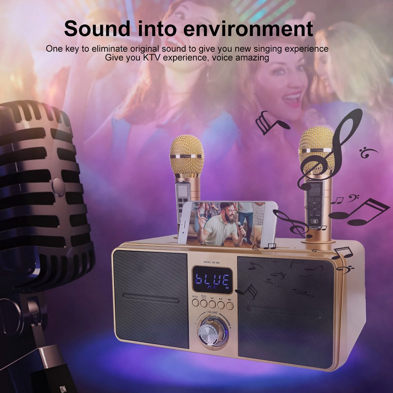 Przenośny zestaw mikrofonów do karaoke z podwójnym mikrofonem bezprzewodowym, Bluetooth 4.2, karta pamięci, AUX, dysk flash USB do domowej karaoke, spotkania, imprezy, kościoła itp. (złoty)