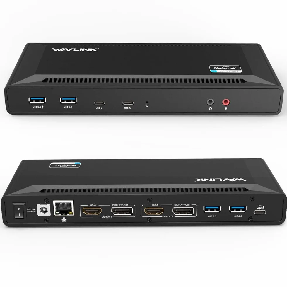 WAVLINK Uniwersalna stacja dokująca USB C 60 W, zasilanie obsługuje podwójne wyjścia wideo 4K (DisplayPort i HDMI, Gigabit Ethernet, wyjście audio i mikrofon, 4 USB 3.0 i 2 porty USB C)