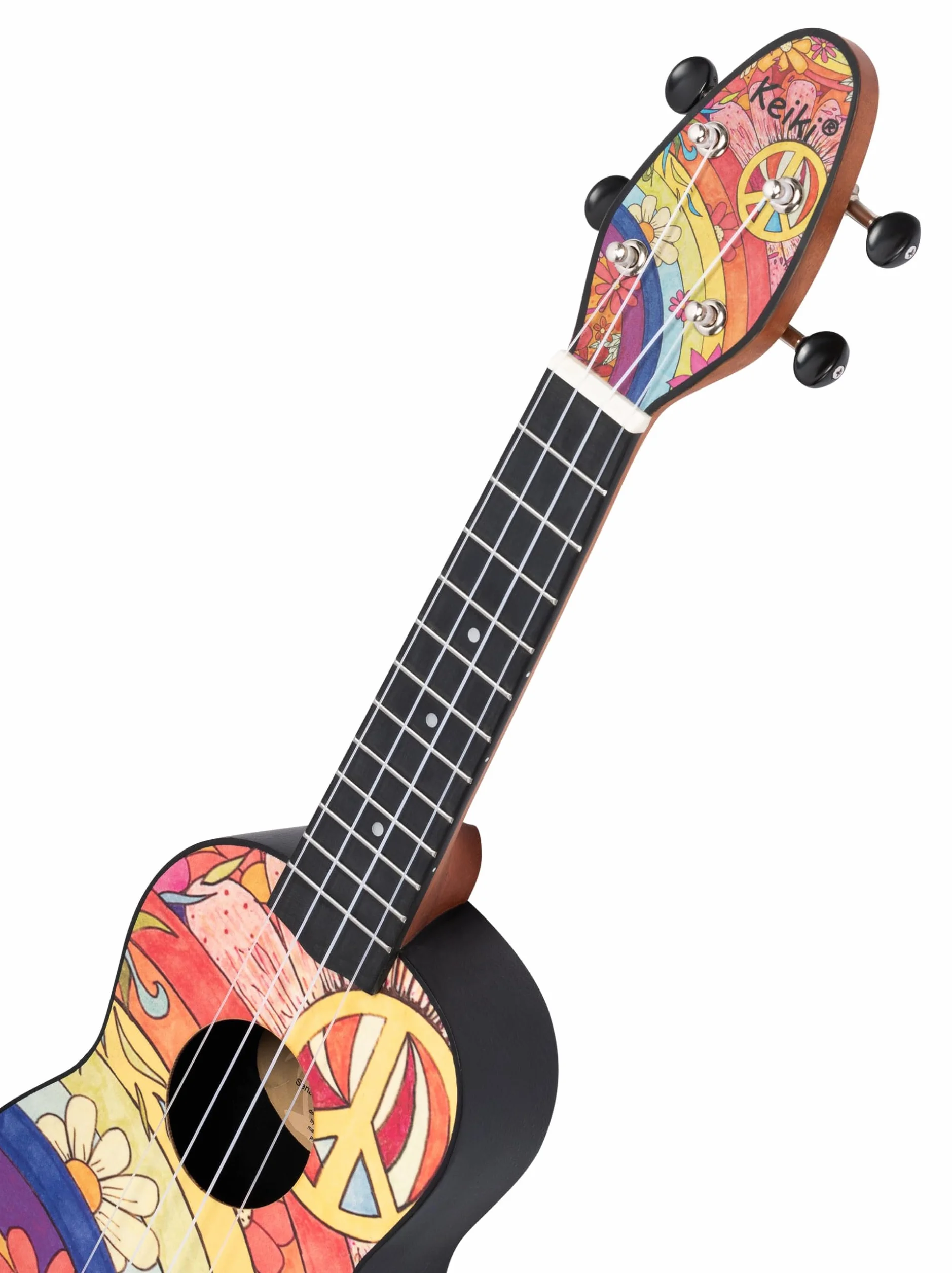 Ortega Guitars Leworęczne Ukulele Sopranowe – Akustyczne – Seria Keiki K2 – w Zestawie z Akcesoriami – Agathis/ABS, Motyw Peace '68 (K2-68-L)