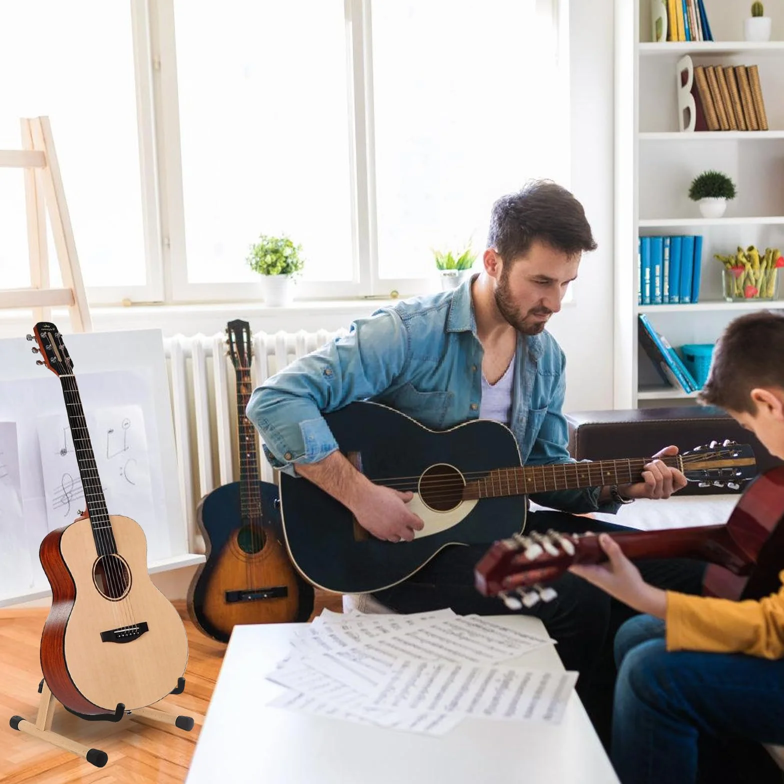 PORFOYO Drewniany stojak na gitarę, stojak na gitarę akustyczną, regulowany stojak na bas, składany uchwyt na gitarę, rama A, do basu, wiolonczeli, ukulele