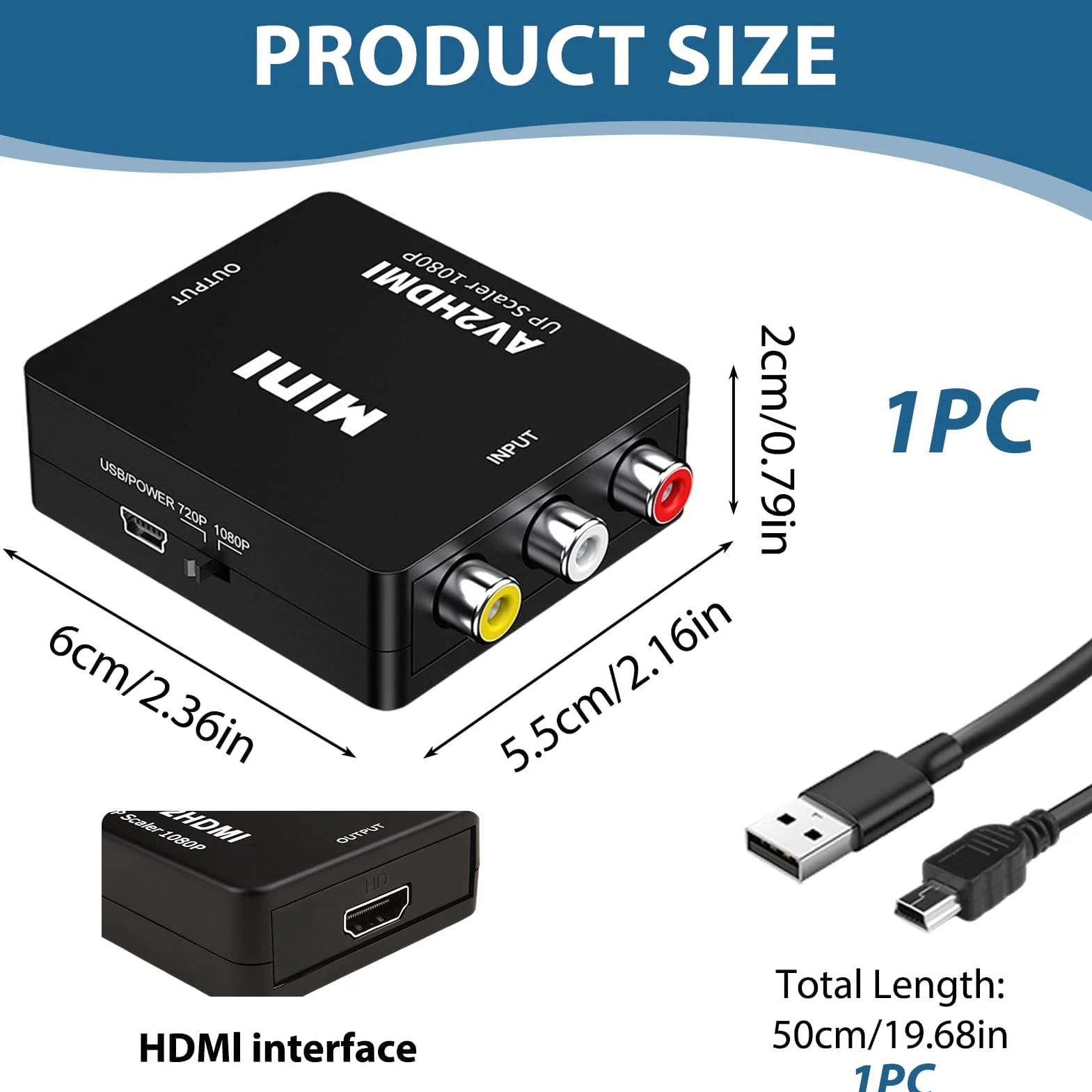 Konwerter RCA na HDMI 1080P, adapter RCA na HDMI z kablem USB, Mini AV Composite CVBS Video Audio Converter Adapter, obsługuje PAL/NTSC/SECAM, dla Xbox 360 PS1 PS2 WII VHS Camera, Plug & Play