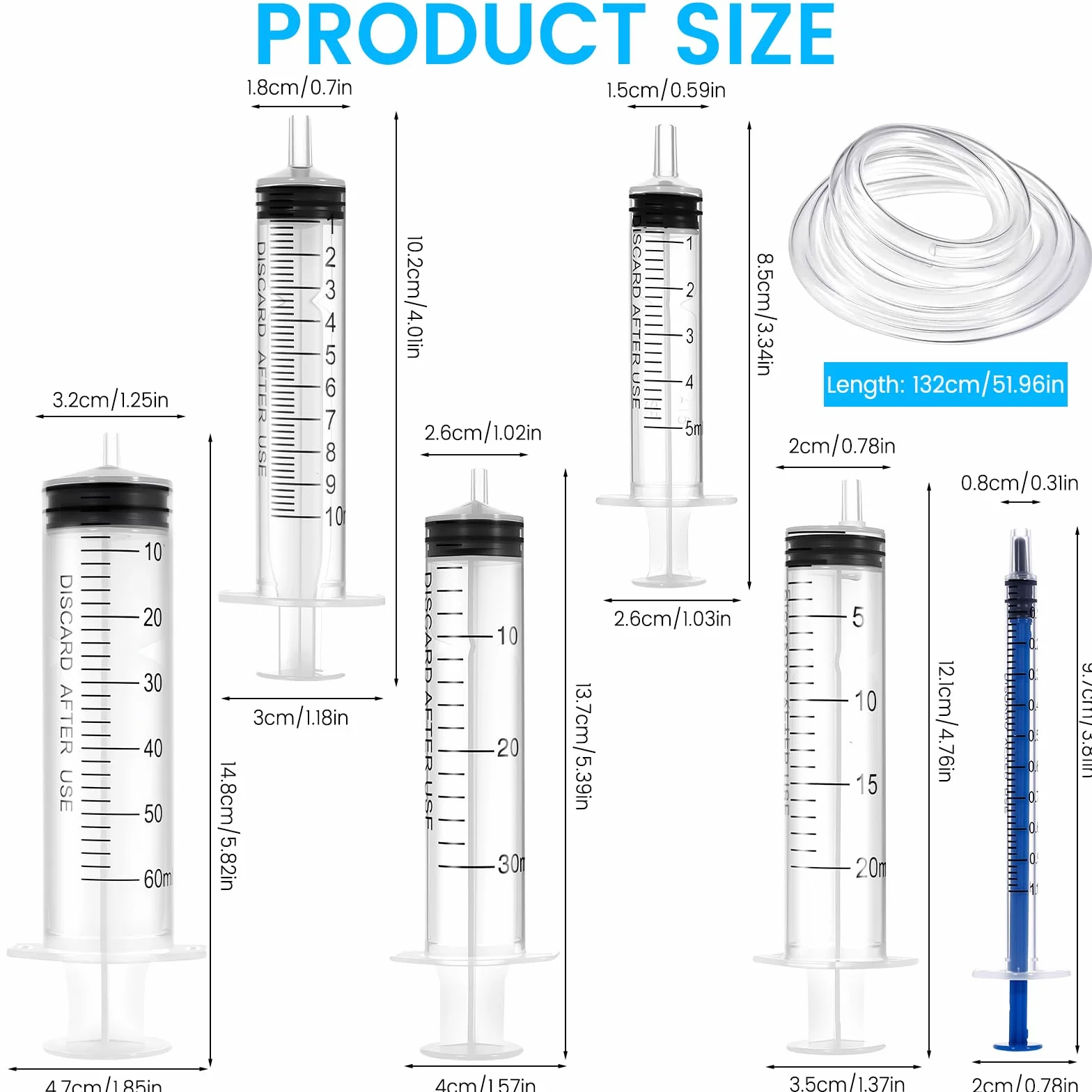 Zestaw 6 Strzykawek Wielokrotnego Użytku, 1 ml, 5 ml, 10 ml, 20 ml, 30 ml, 60 ml z Wężem, Do Laboratoriów, Karmienia Zwierząt i Nawadniania Roślin