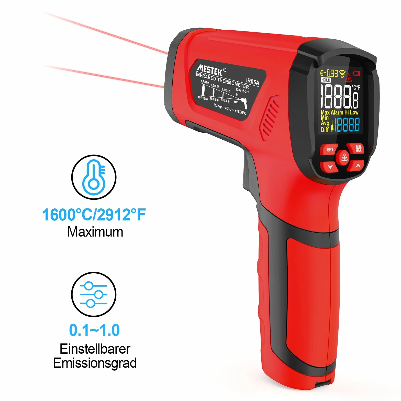 Termometru na Podczerwień Pirometr MESTEK 50:1 Pistolet Temperaturowy, -40℃ do 1600℃ Termometr Laserowy z Kolorowym LCD do Przemysłowego Wytopu Metali Kucia HVAC,Regulowana Emisyjność
