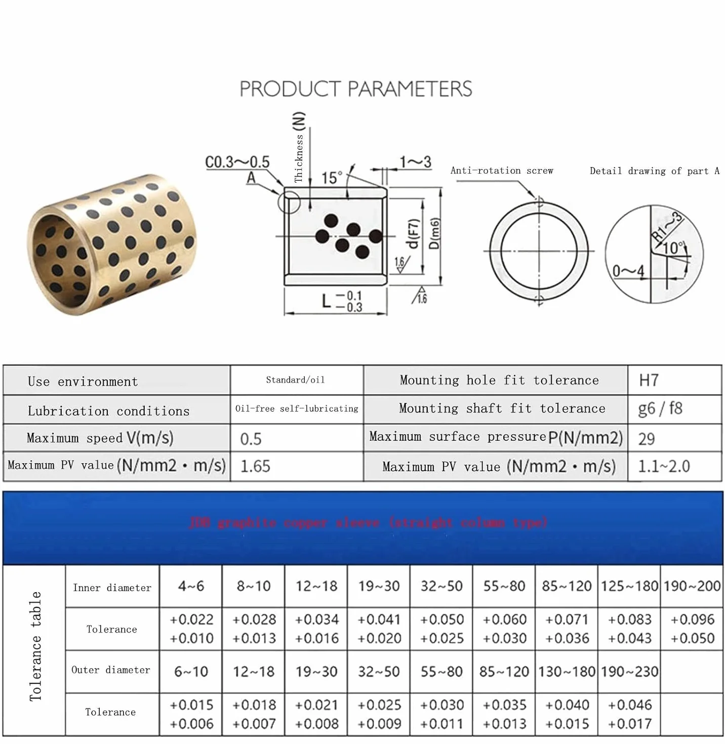 Graphite Copper Bushings, 2pcs Type Oil-Free Self-lubricating Graphite Copper Bushings, Inner Diameter 6mm, Outer Diameter 10mm, Bearing Straight Cylindrical Sliding Guide Bushings Sleeve6x10x30mm (C