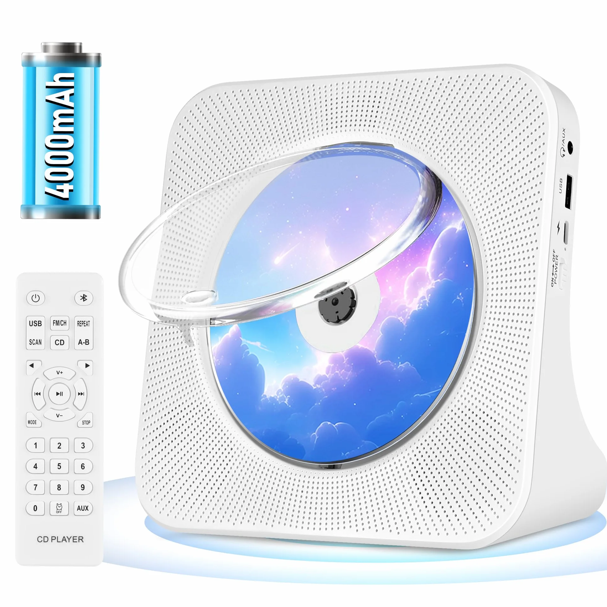 Ładowalny Przenośny Odtwarzacz CD，Wbudowany Odtwarzacz CD Bluetooth z Dwoma Głośnikami, Pilot Zdalny, USB，AUX，Domowe Odtwarzaczes CDs HiFi Stereo，Odtwarzaczs CDs Kompaktowy, Radio FM