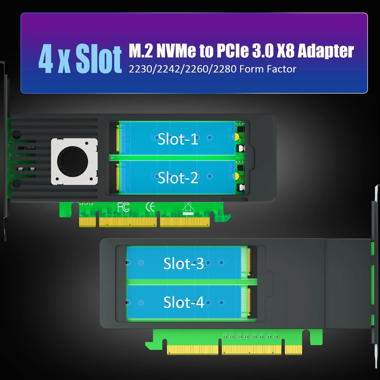 GLOTRENDS ST560 Adapter Quad M.2 NVMe do PCIe 3.0 X8 z rozwidleniem PCIe, konfiguracja miękkiego RAID-u M.2 NVMe za pomocą narzędzia systemu operacyjnego