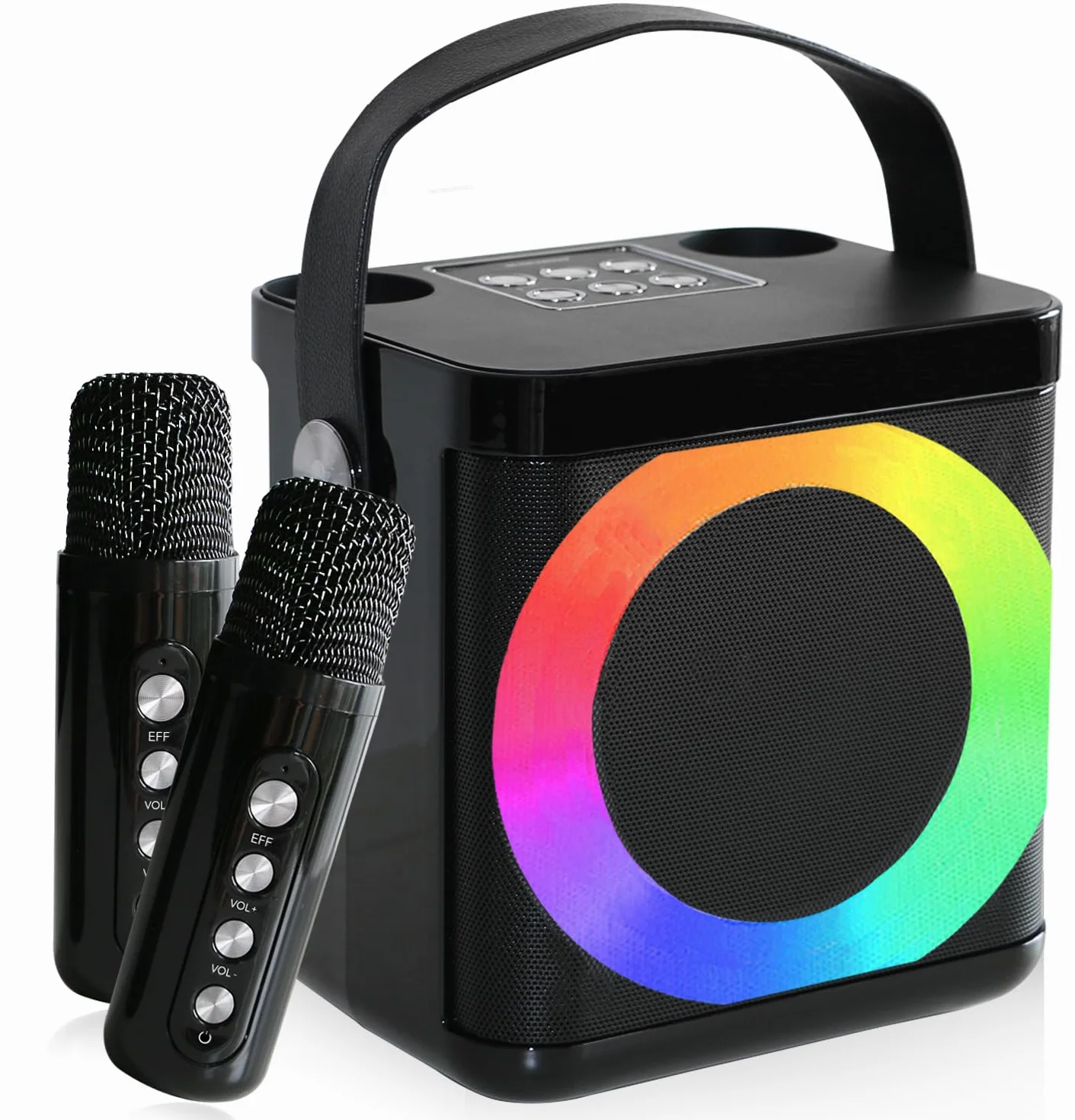 Maszyna do karaoke dla dorosłych i dzieci z 2 bezprzewodowymi mikrofonami UHF, przenośny głośnik Bluetooth, system głośników PA z lampkami imprezowymi LED, na imprezę, piknik, do samochodu, na