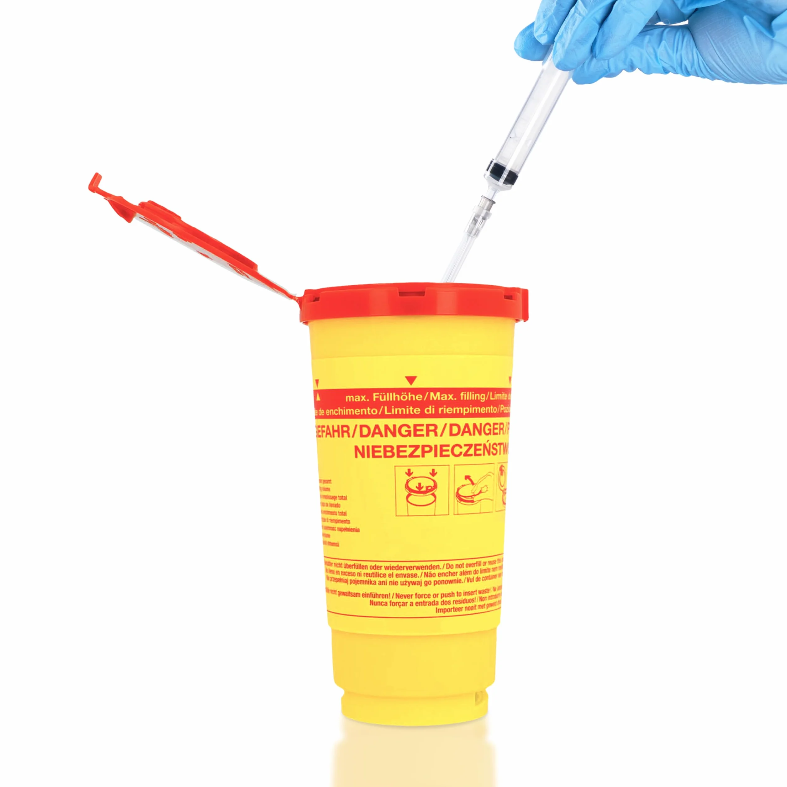 HaseMed Biohazard pojemnik na odpady z igłami, strzykawkami i ostrymi przedmiotami, bezpieczny, higieniczny, z czerwoną pokrywką, do klinik i placówek opieki (500 ml)