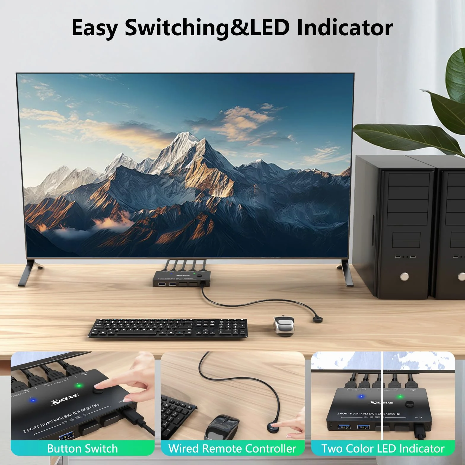 Przełącznik KVM 8K@60Hz 4K@120Hz, ESKEVE HDMI KVM Switch dla 2 komputerów dzielących 1 monitor i 3 urządzenia USB3.0, przewodowy pilot zdalnego sterowania i kabel USB w zestawie