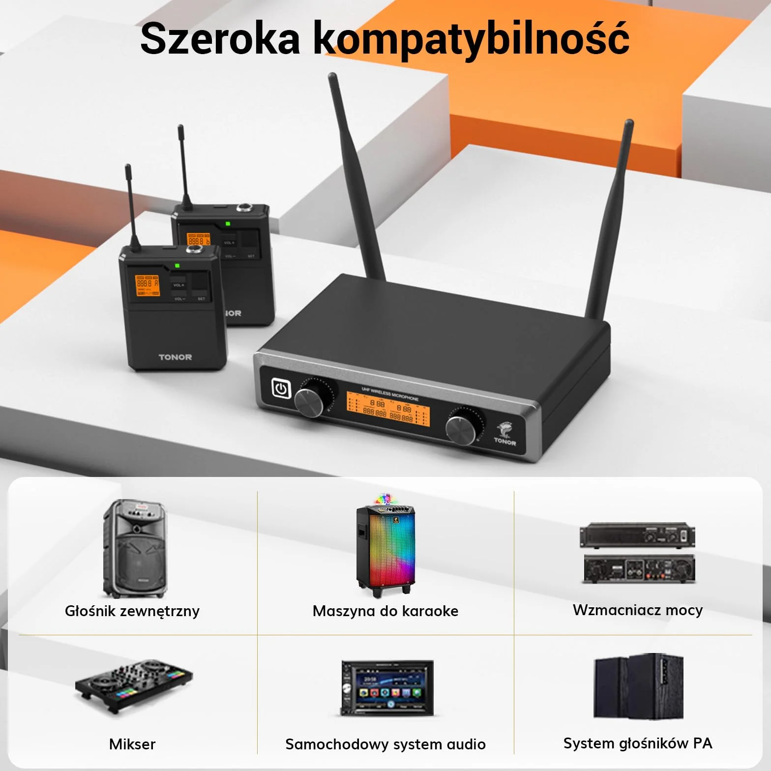 TONOR UHF Bezprzewodowy System Mikrofonów z Mikrofonem Słuchawkowym i Lavalier, Nadajnik Bodypack, Odbiornik, 2 Kanały, 60M Zasięg do Śpiewu na Żywo Karaoke