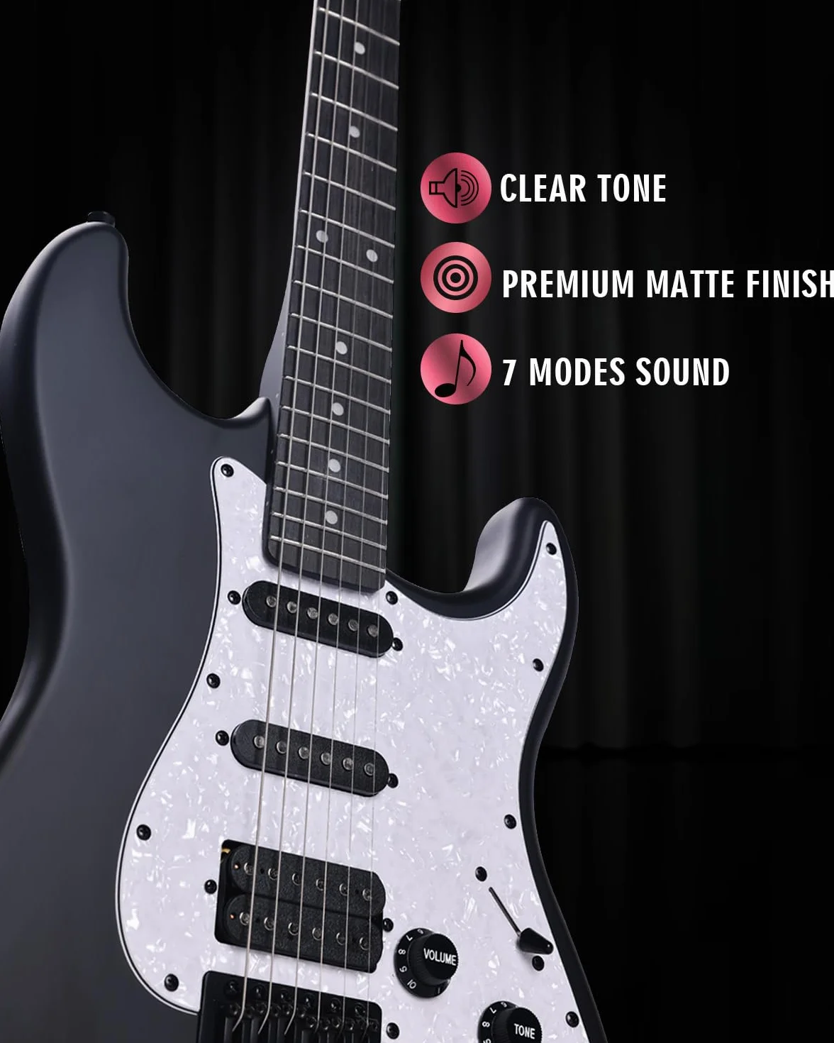 Winzz Gitara elektryczna 4/4 dla dorosłych, ST HSS, zestaw dla początkujących z 12 akcesoriami, dla dzieci 12+ lat (99,1 cm, czarny matowy, biała płytka ochronna)