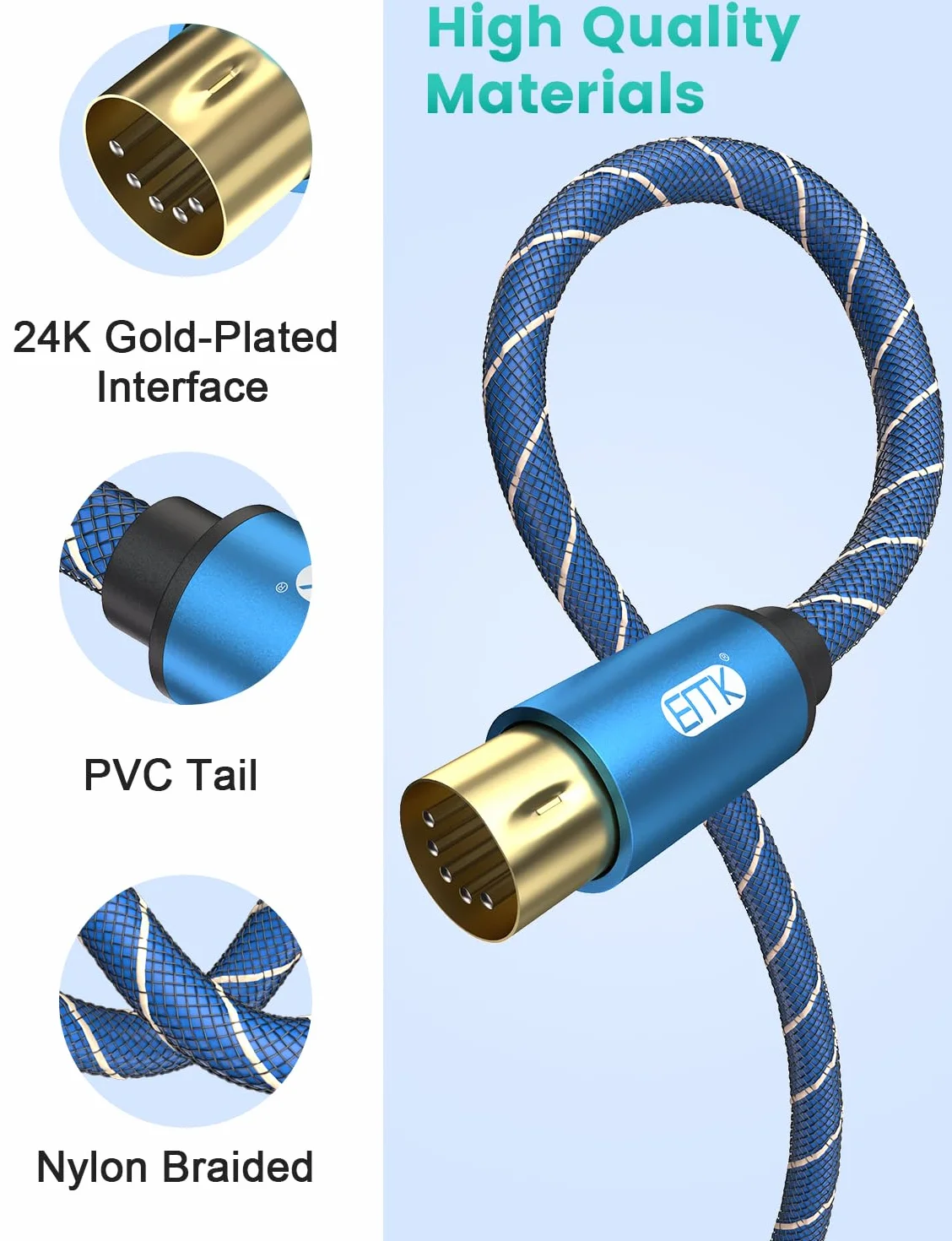 EMK Kabel Midi 5-pinowy kabel instrumentu z klawiaturą męską na męską, 5-pinowy kabel Din in-Out MI-DI do organów elektronicznych, mikser, fortepian, bębny, karta dźwiękowa (0,5 metra)