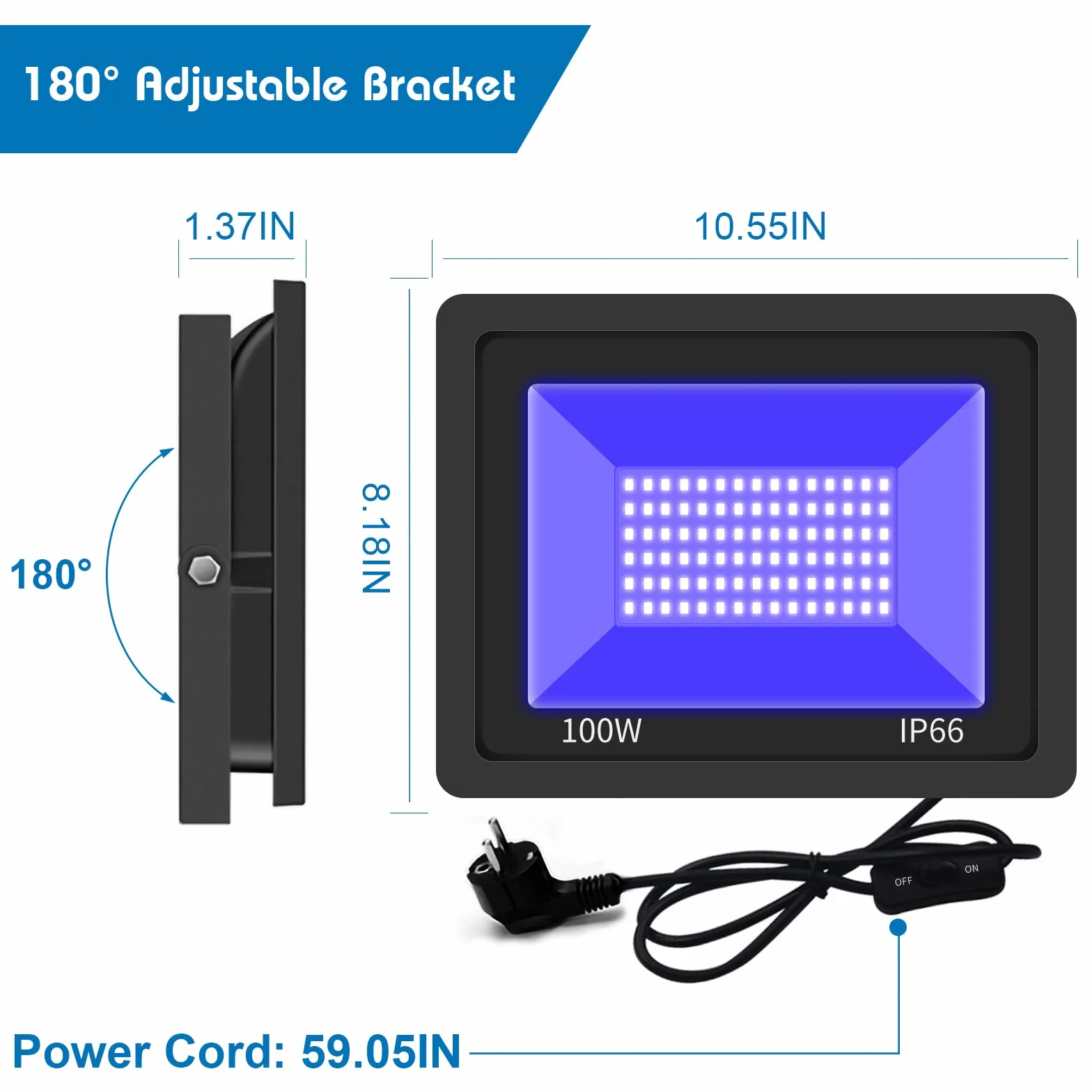 Eleganted 100W LED światło UV 365nm UV reflektor IP66 wodoodporny reflektor UV na imprezy z funkcją WŁ/WYŁ do Halloween, akwarium, koncertu, baru