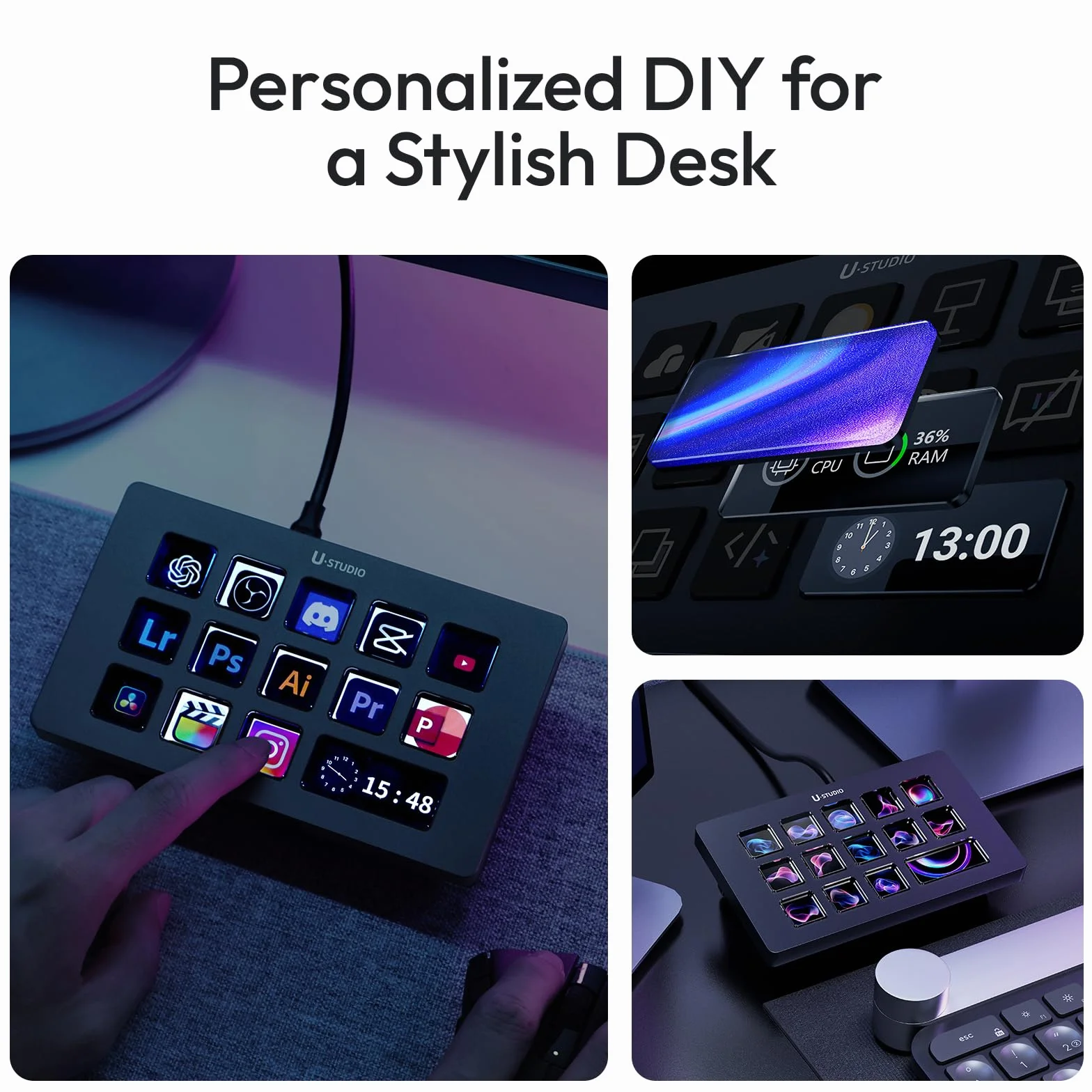 ULANZI D200H 7 w 1 U-Studio, kontroler strumieniowy, z 14 przyciskami LCD i 13 przyciskami makro, umożliwiający uruchamianie akcji na platformach takich jak OBS, Twitch i YouTube, kompatybilny z